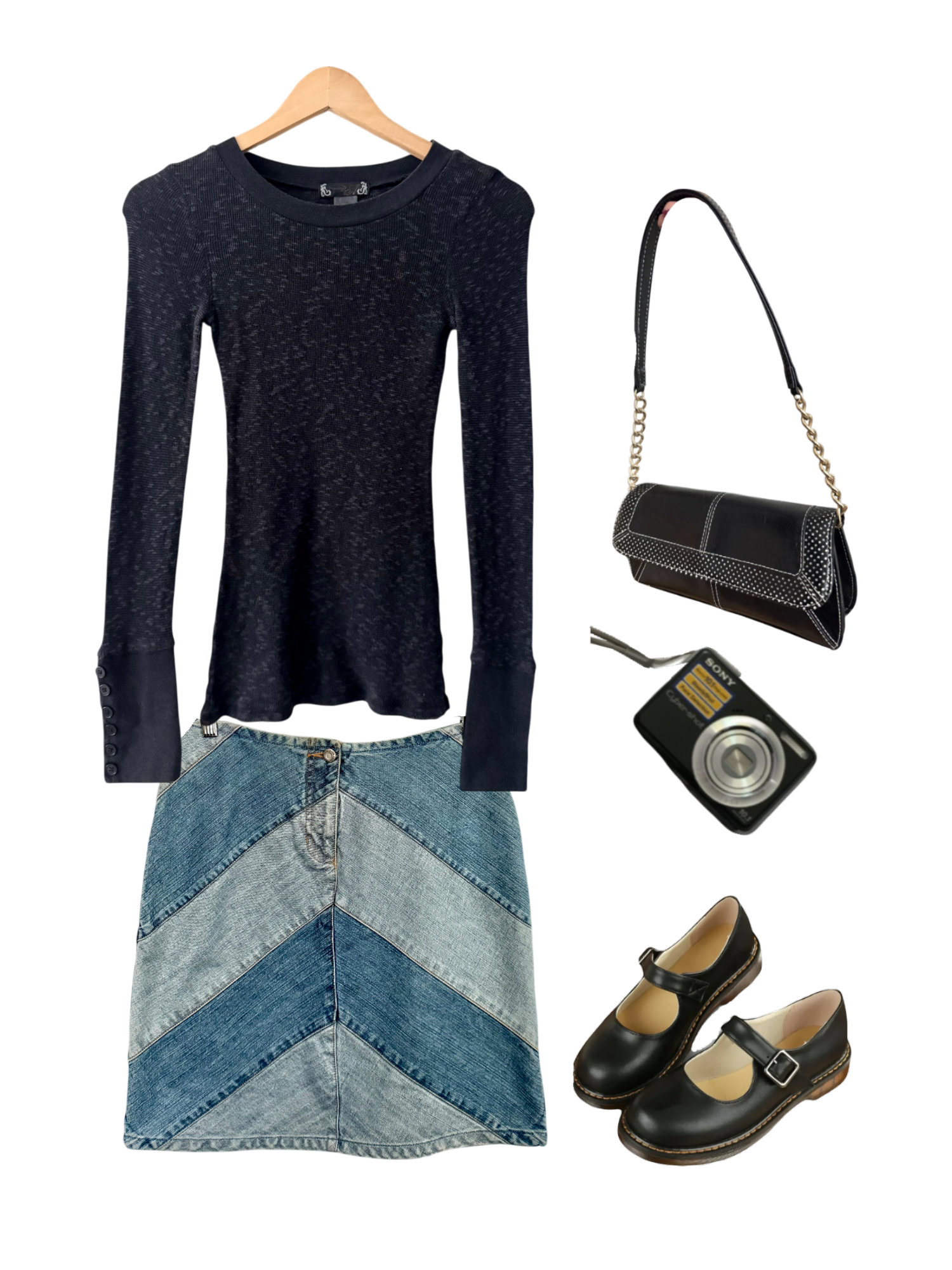 Vintage Y2K Midnight Rib Button-Cuff Top (S)