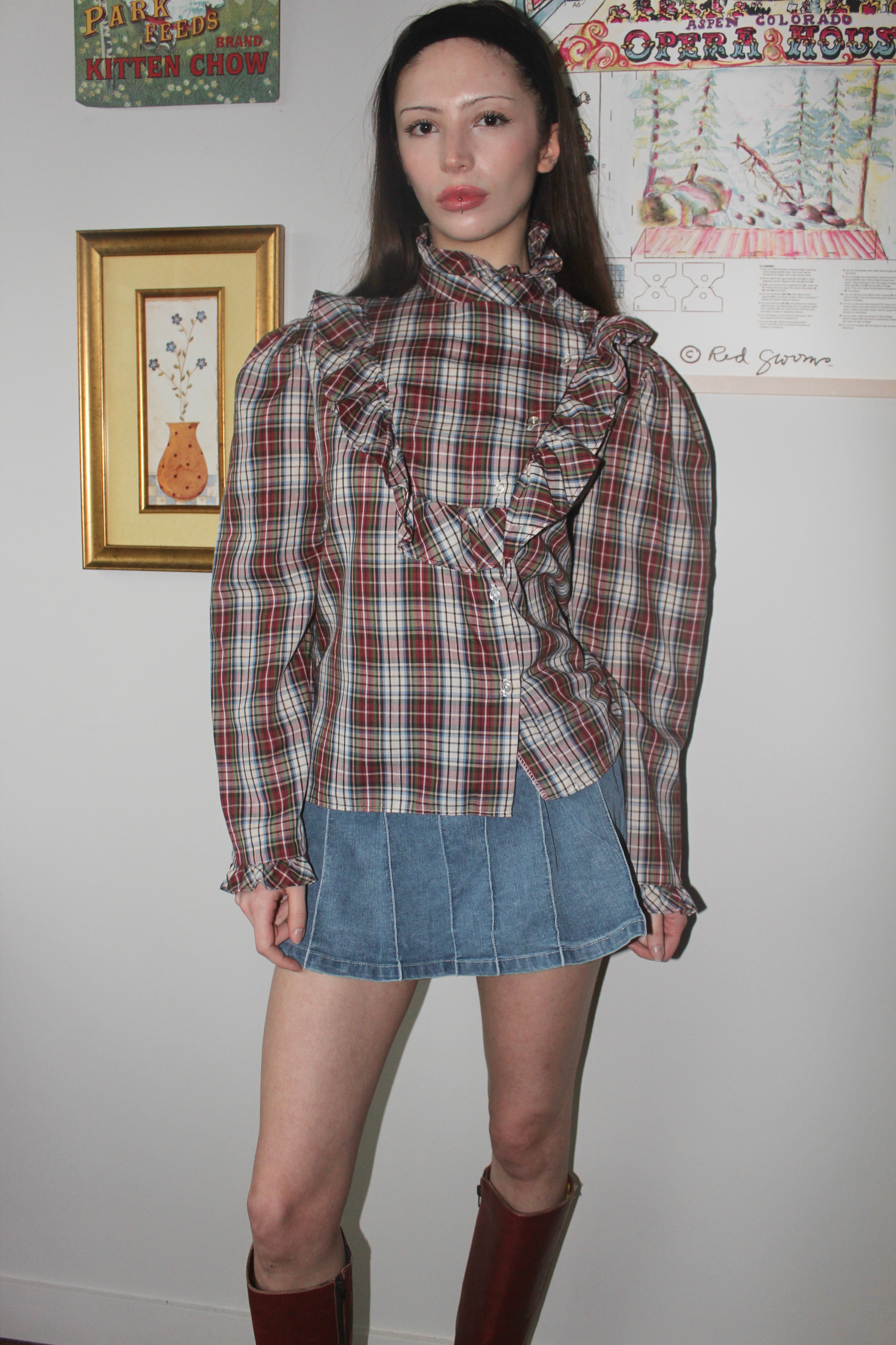 Vintage 80s Ruffled Plaid Button Up (S/M)