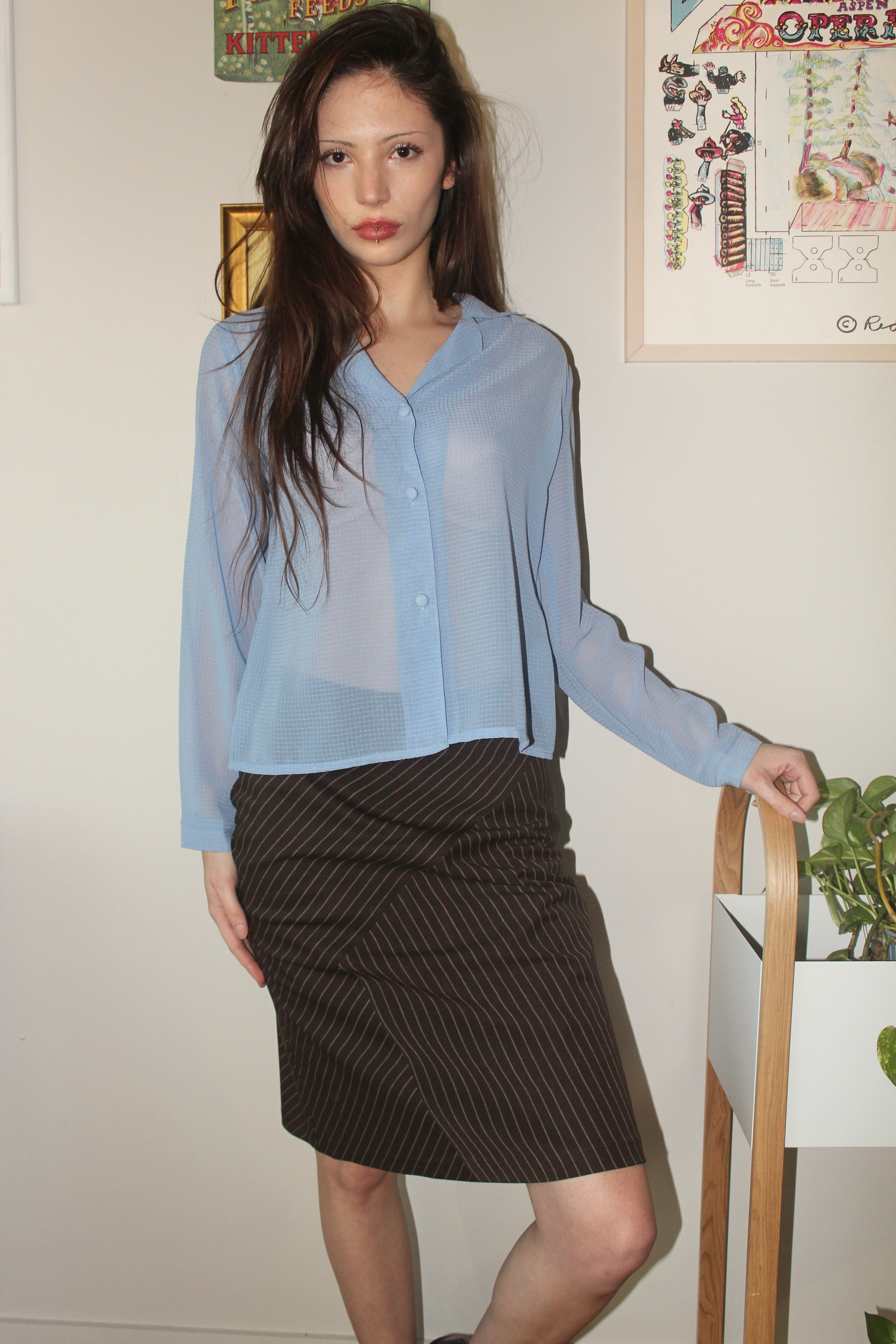 Vintage 90s Semi Sheer Periwinkle Blouse (M)