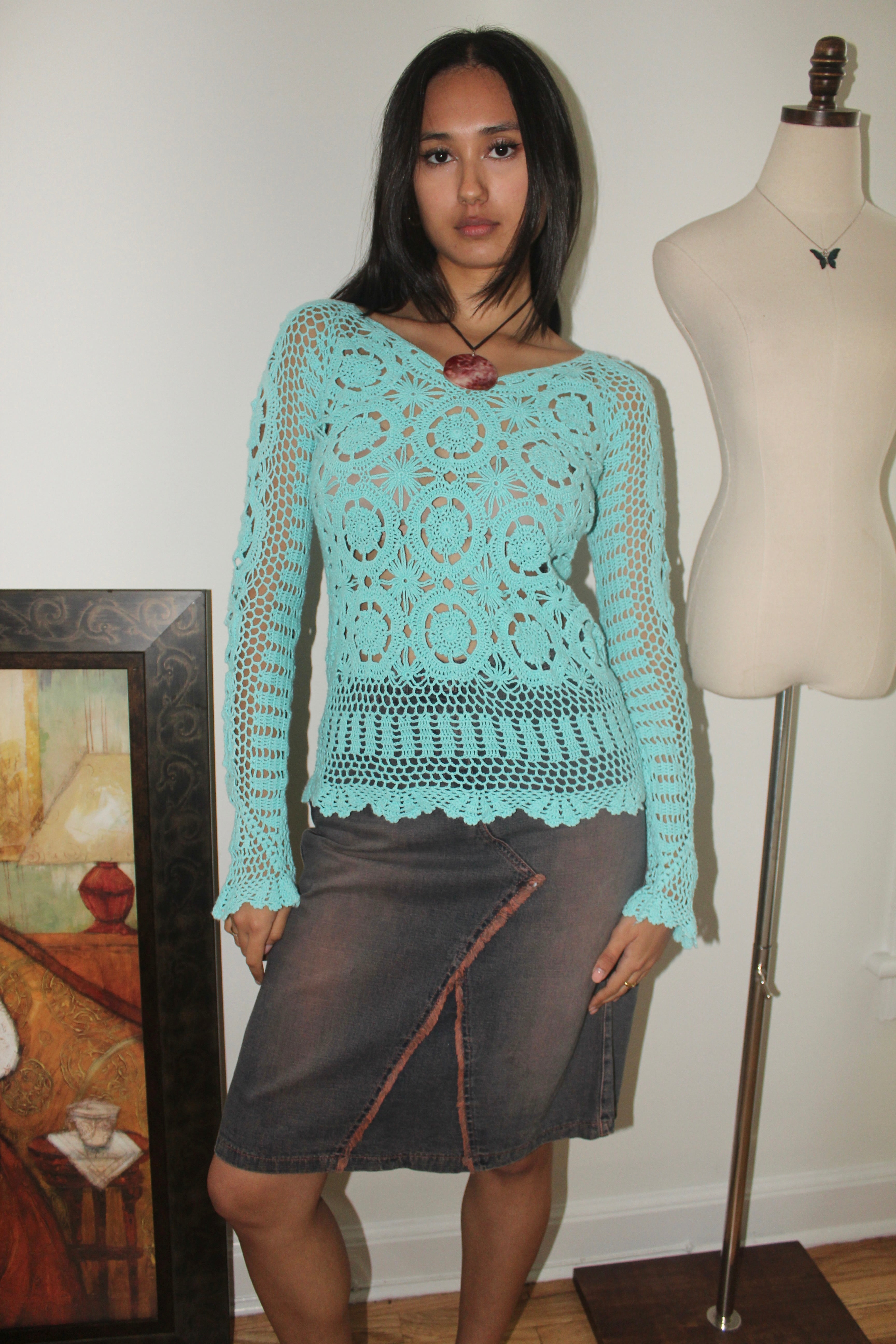 Vintage 90s Crochet Aquamarine Knit (S)