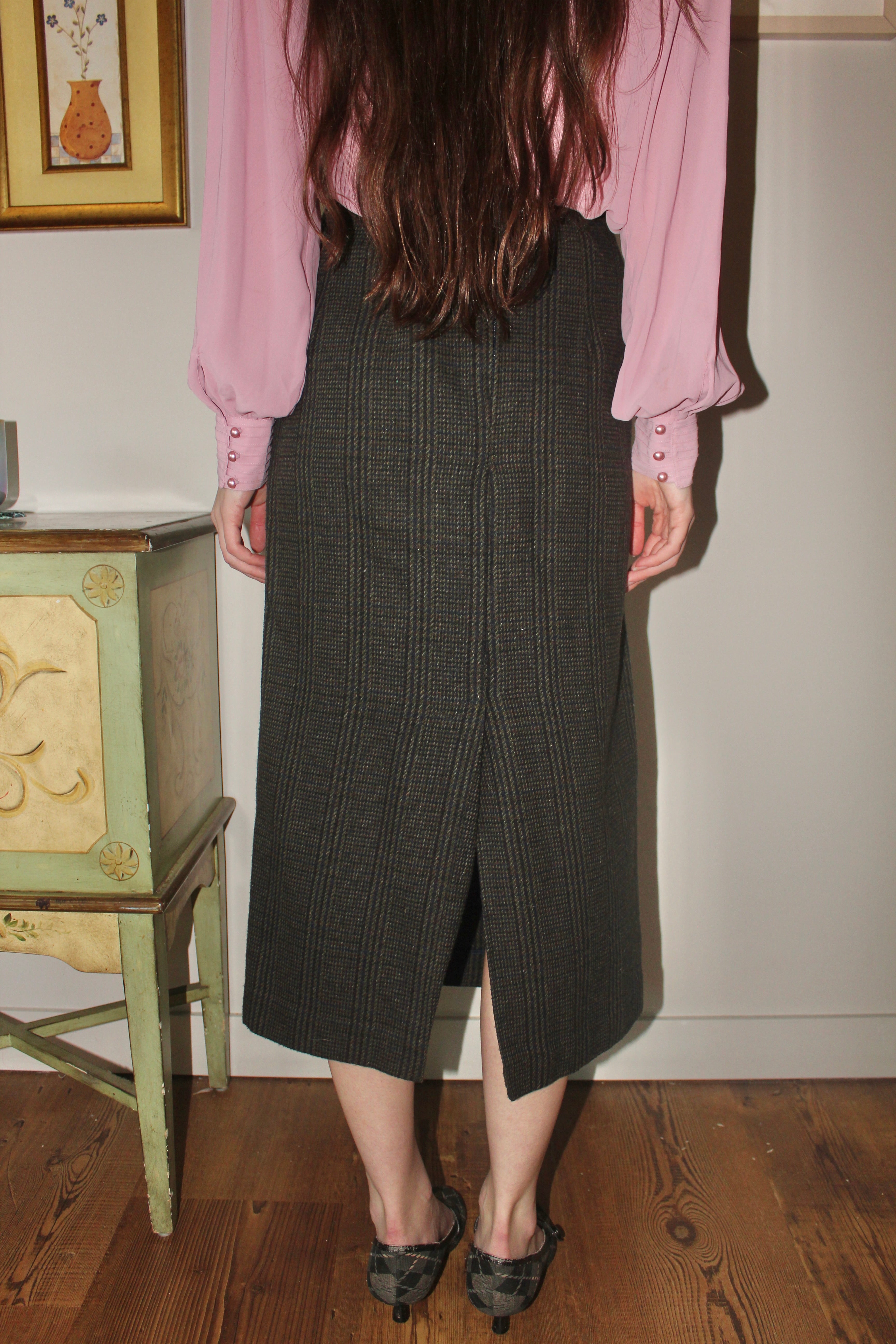 Vintage 80s Highwaisted Plaid Midi Skirt (S)