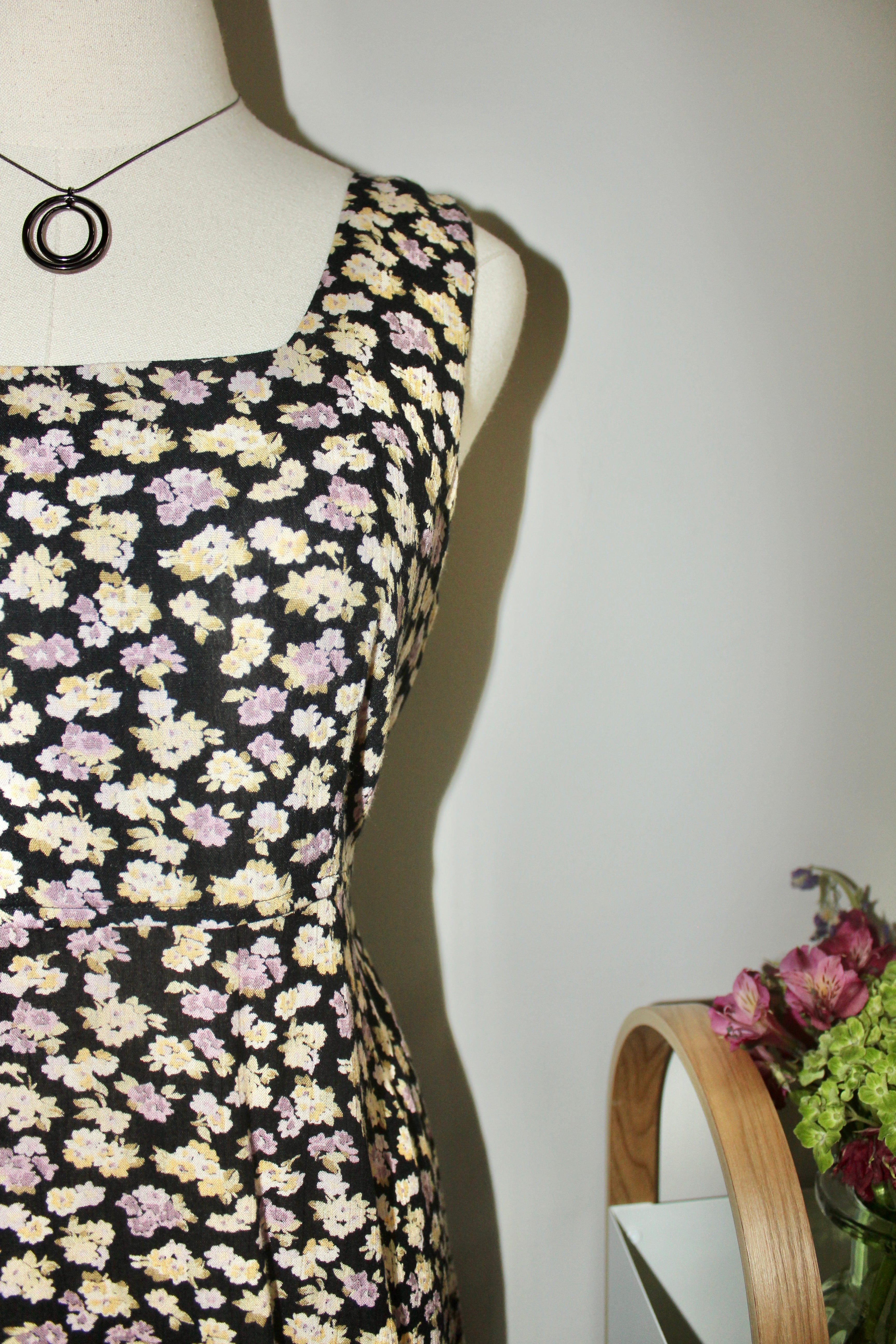 Vintage 90s Square Neck Floral Tie Back Midi Dress (M)