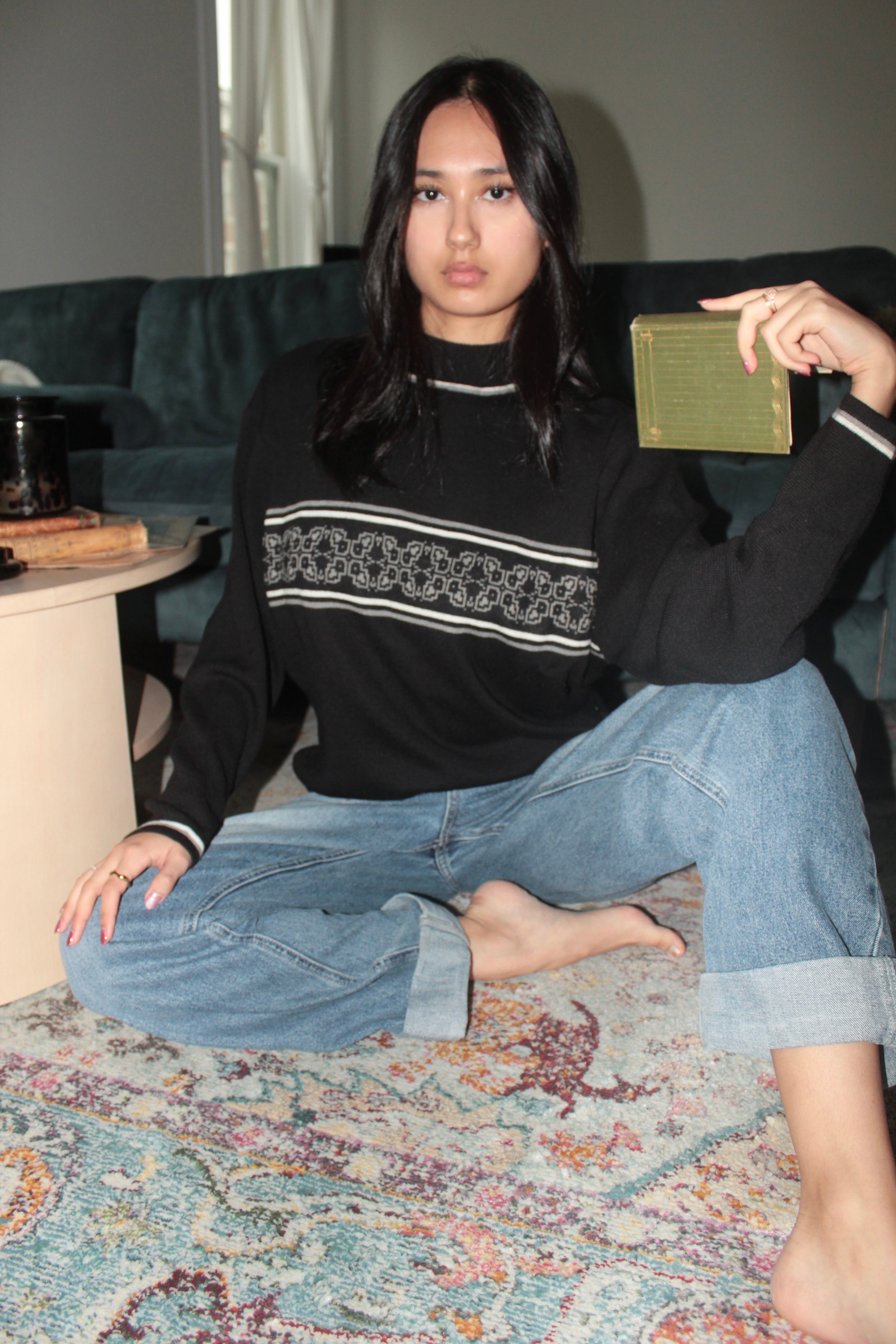 Vintage Black Graphic Panel Knit Sweater (L)