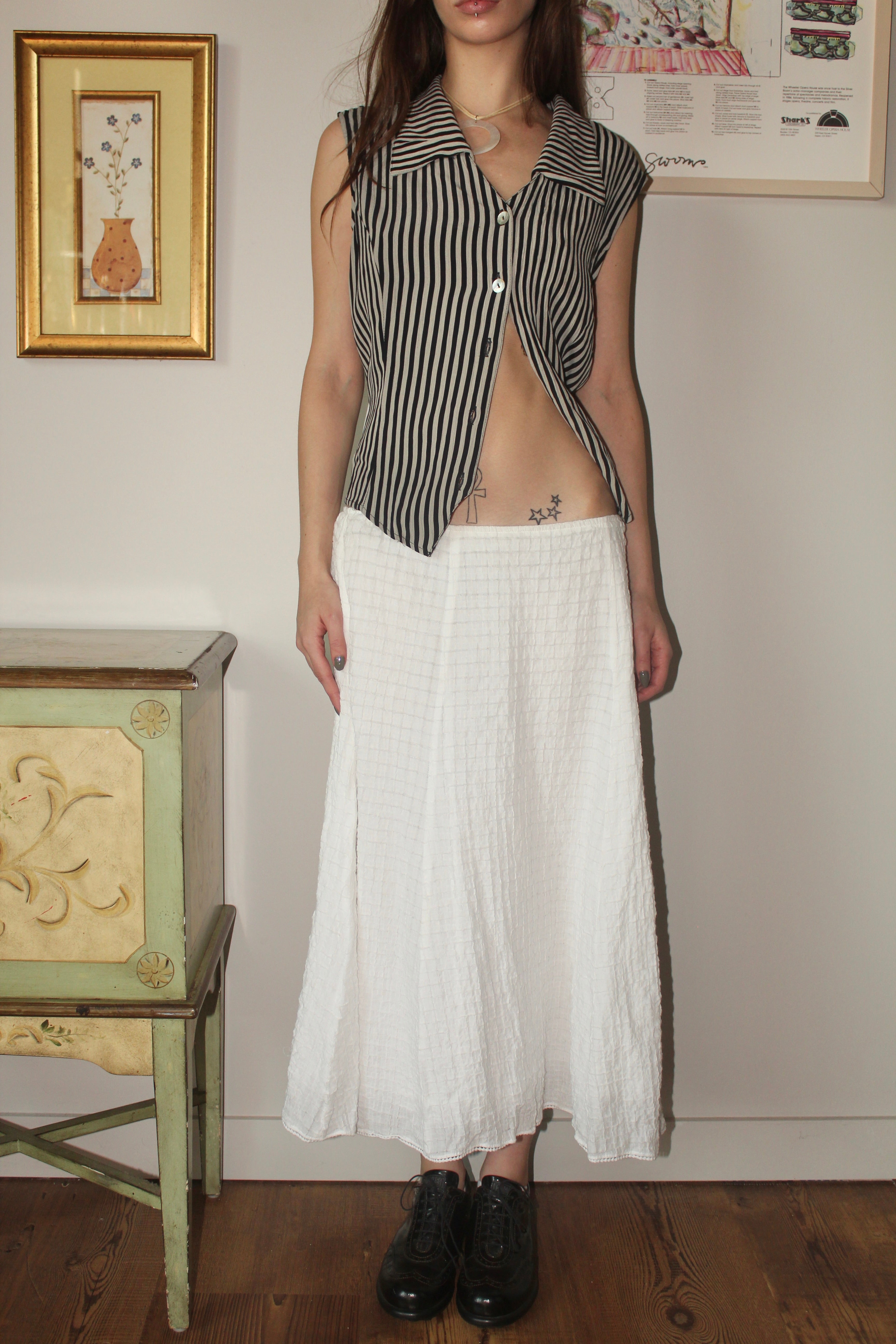 Vintage 90s Ivory Textured Midi Skirt (M)