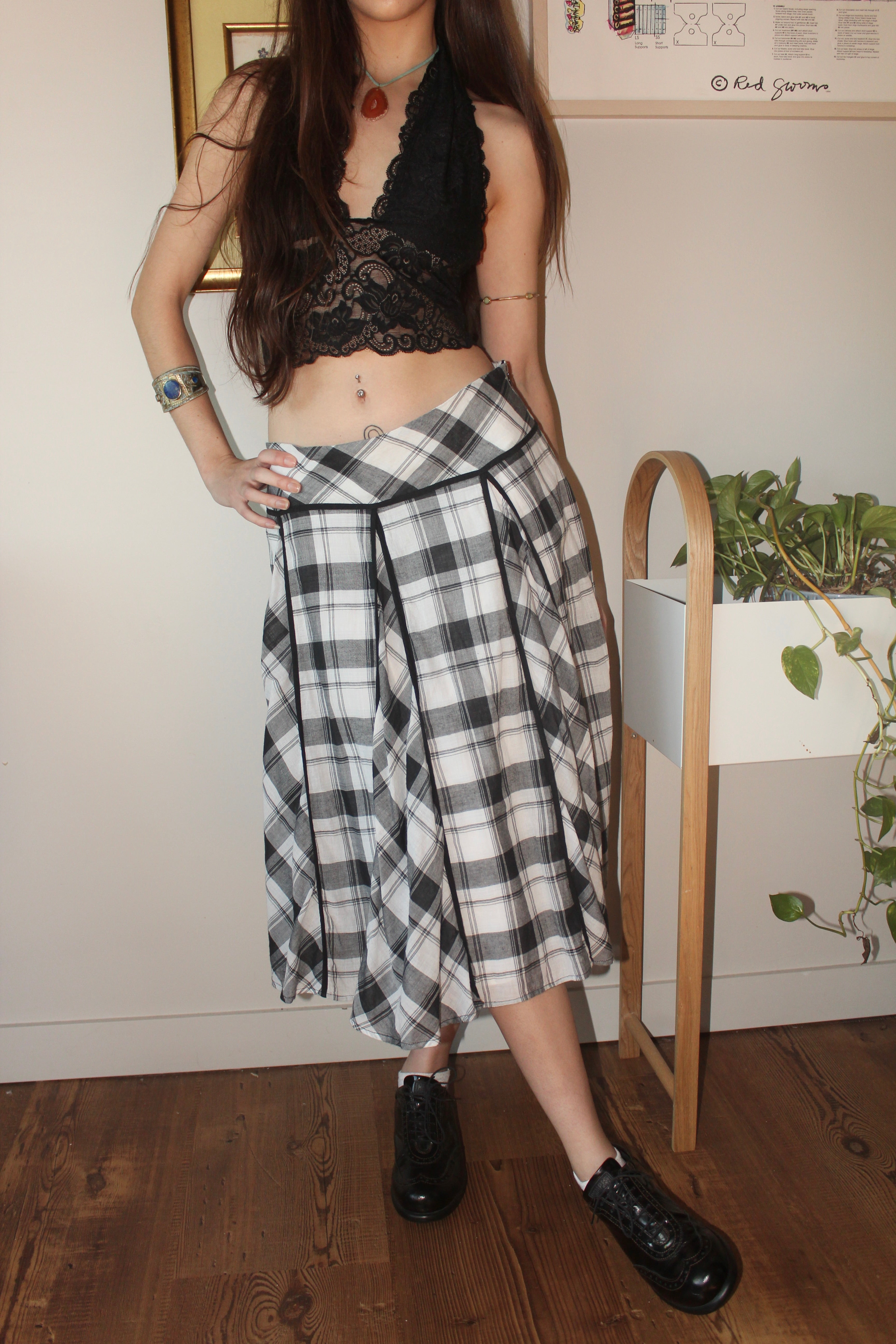 Vintage Y2K Mixed Plaid Midi Skirt (M)