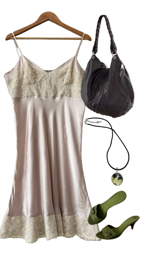 Vintage Fleurette Blush Satin Lace Slip Dress (L)