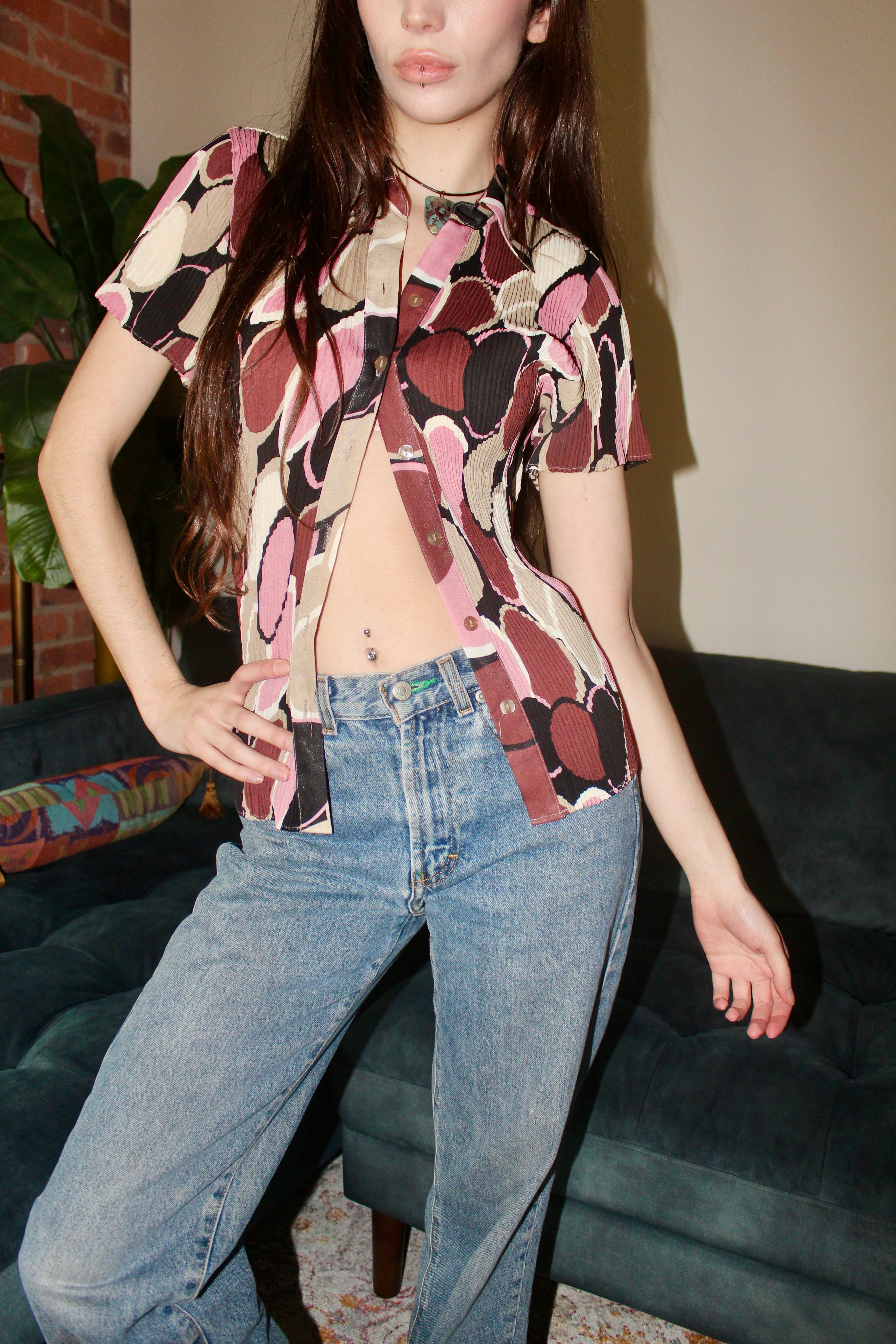 Vintage Abstract Patterned Pleated Top (M)