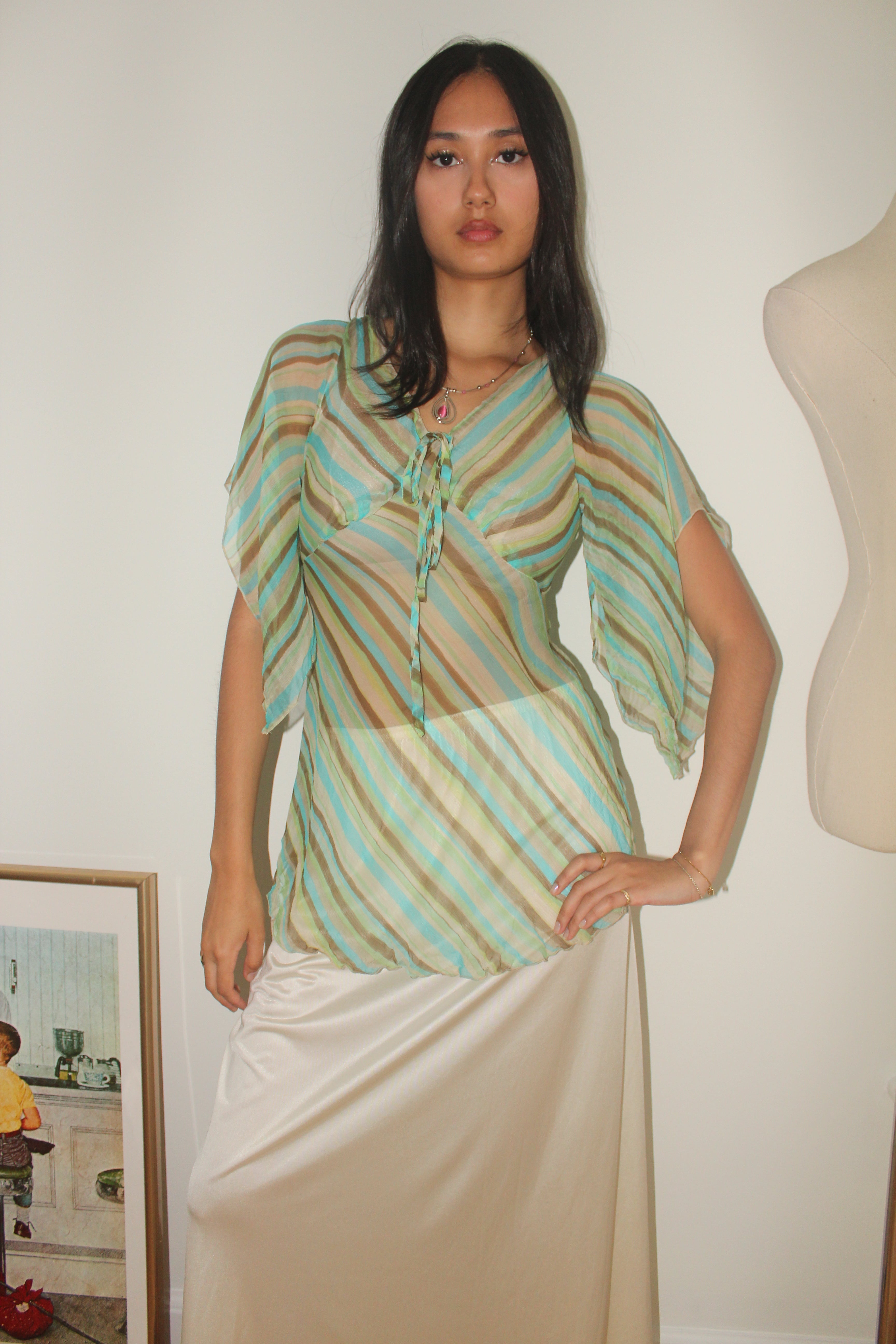 Vintage 90s Sheer Striped Silk Tie Blouse (S)
