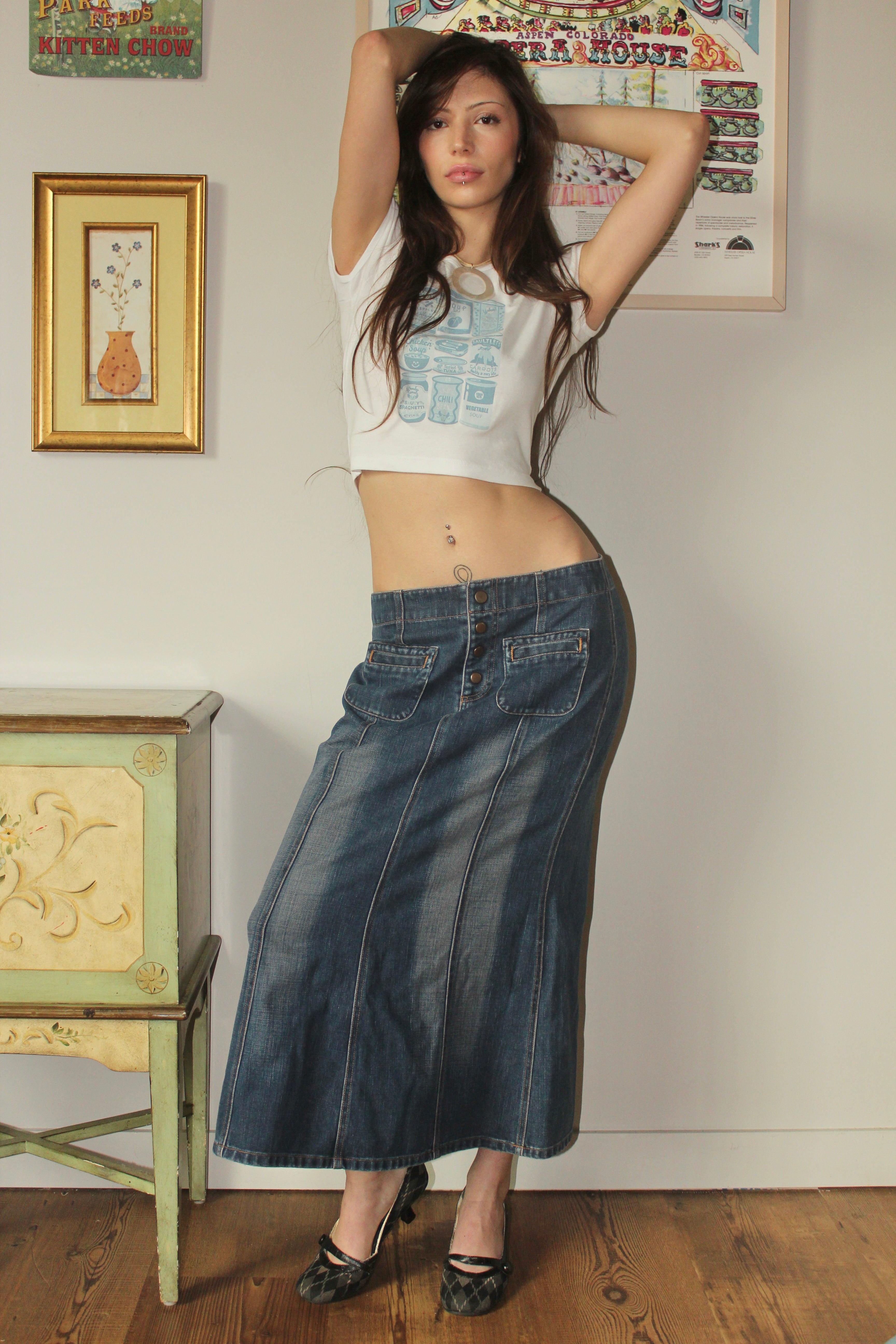 Vintage Y2K Low Waisted Denim Midi Skirt (M)