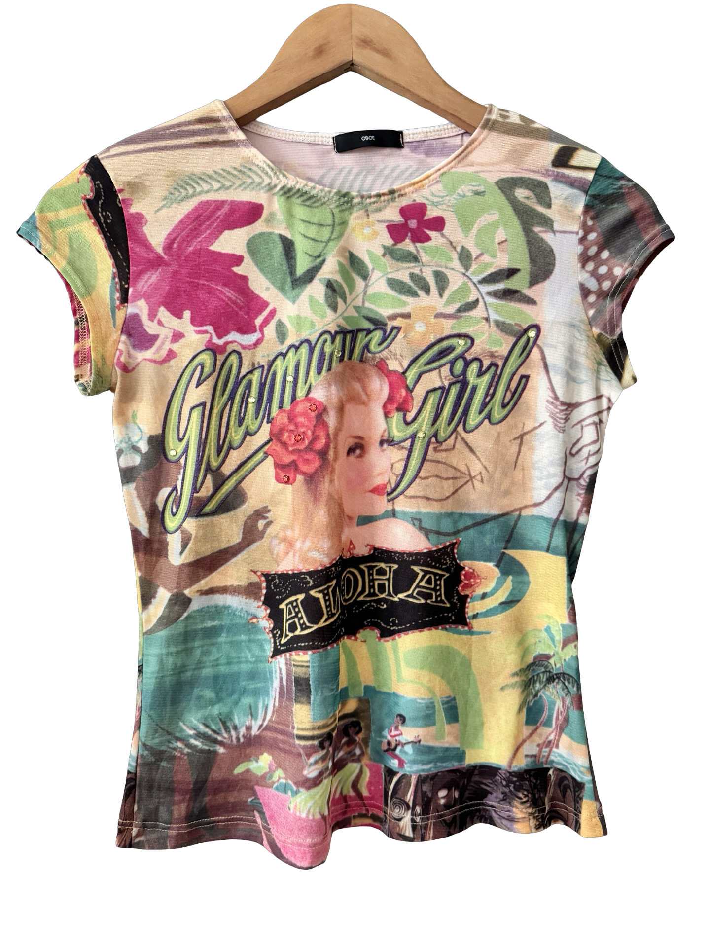 Vintage Y2K Glamour Girl Aloha Graphic Top (M)