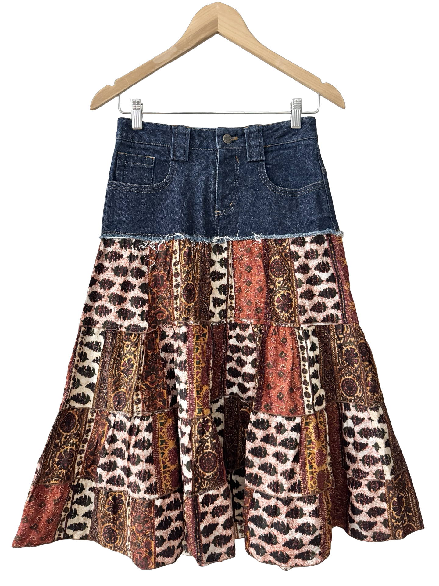 Vintage Y2K Patchwork Denim Midi Skirt (XS)