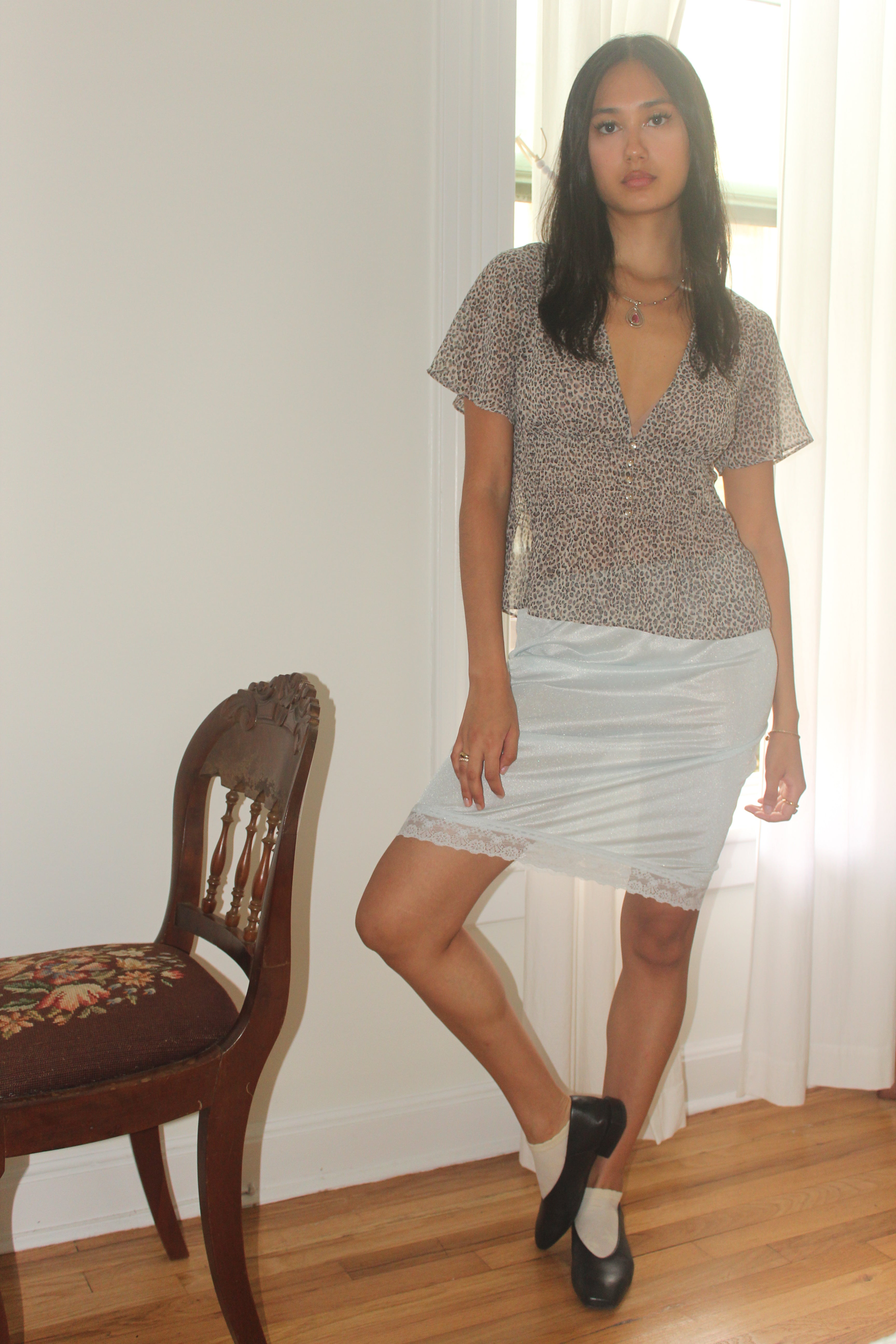 Vintage 80s Baby Blue Lace Trim Slip Skirt (S)