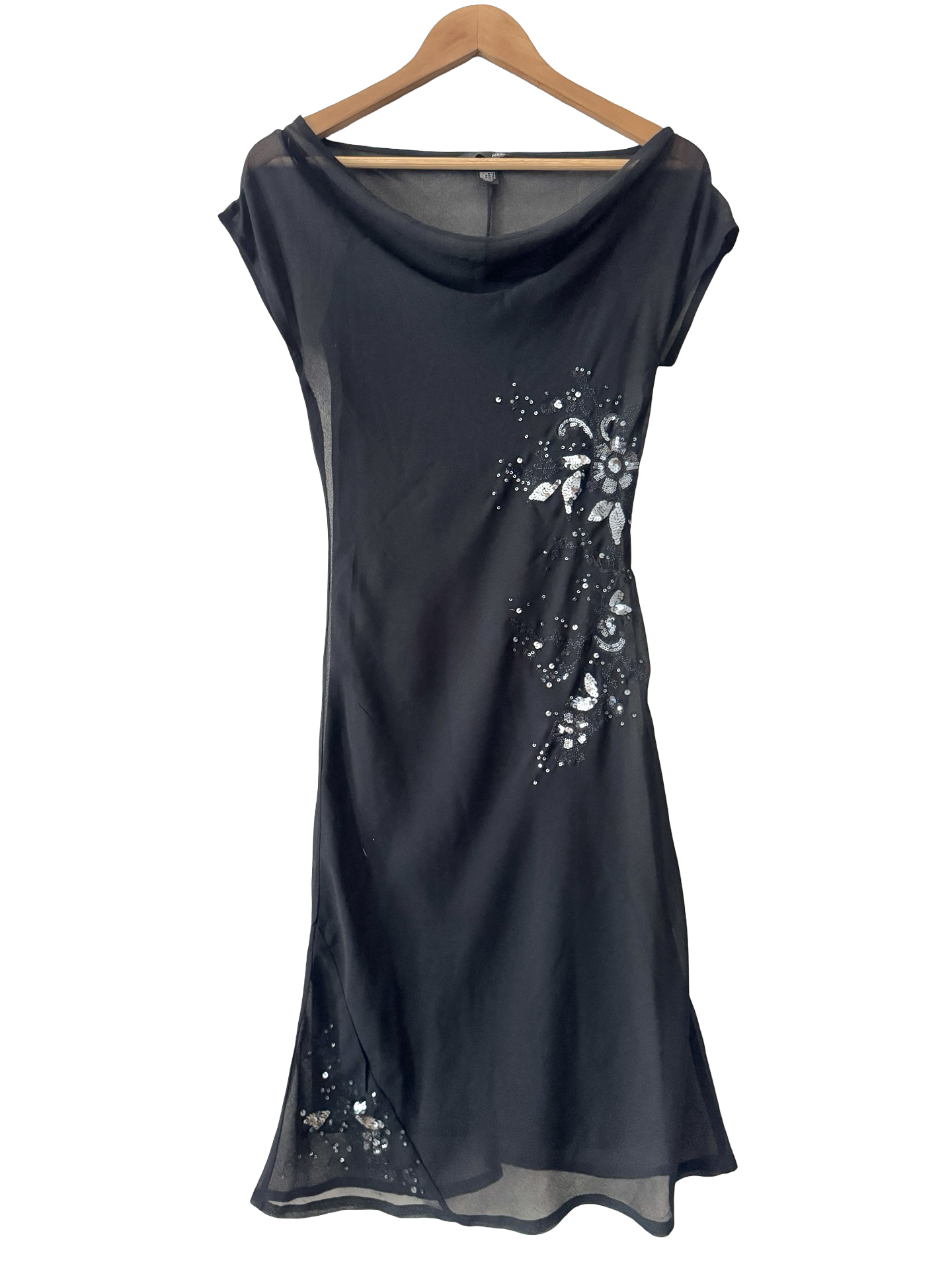 Vintage Y2K Black Beaded Sheer Cowl Neck Midi Dress (S)