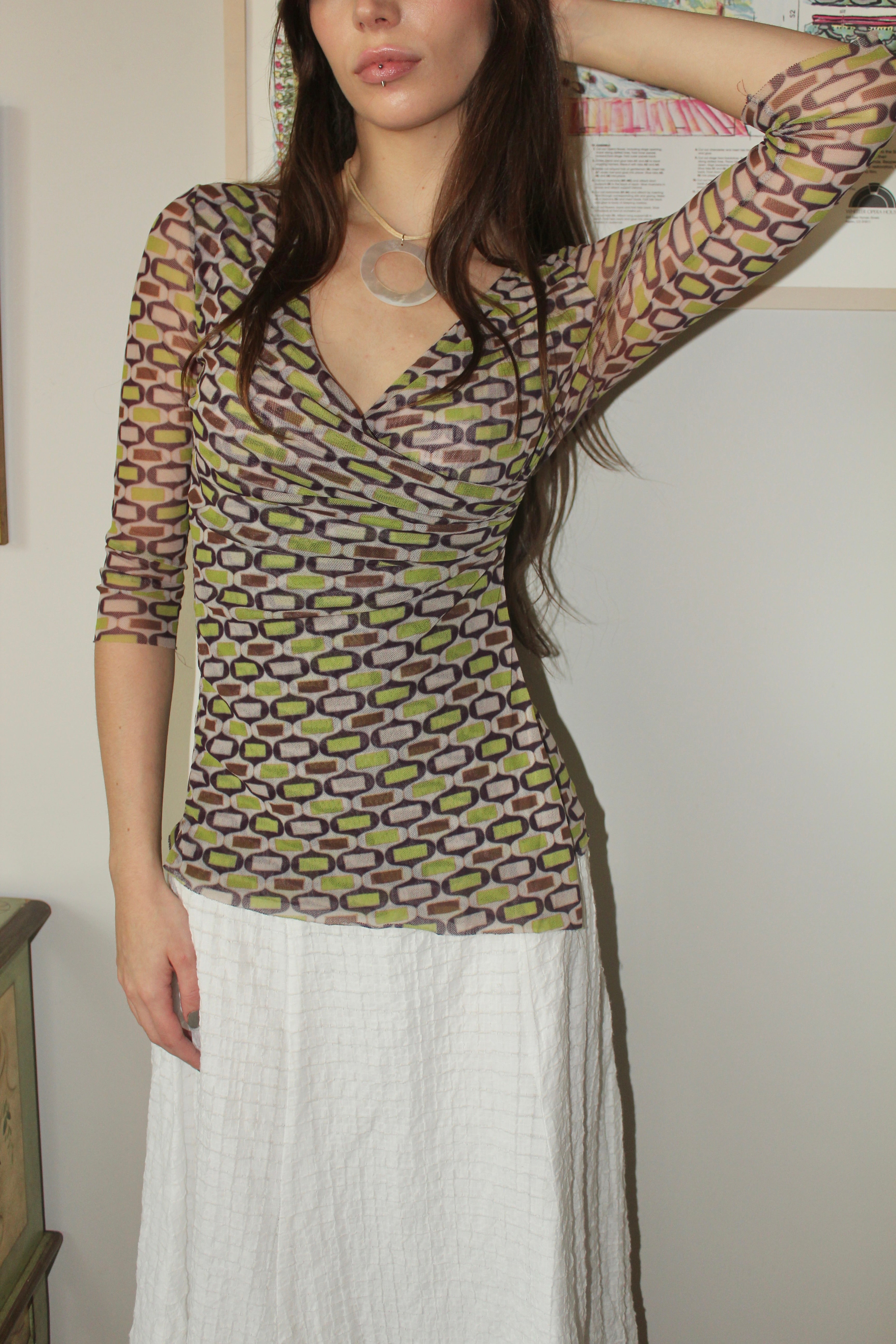 Vintage 90s Gauzy Geometric Asymmetrical Knit Top (S)