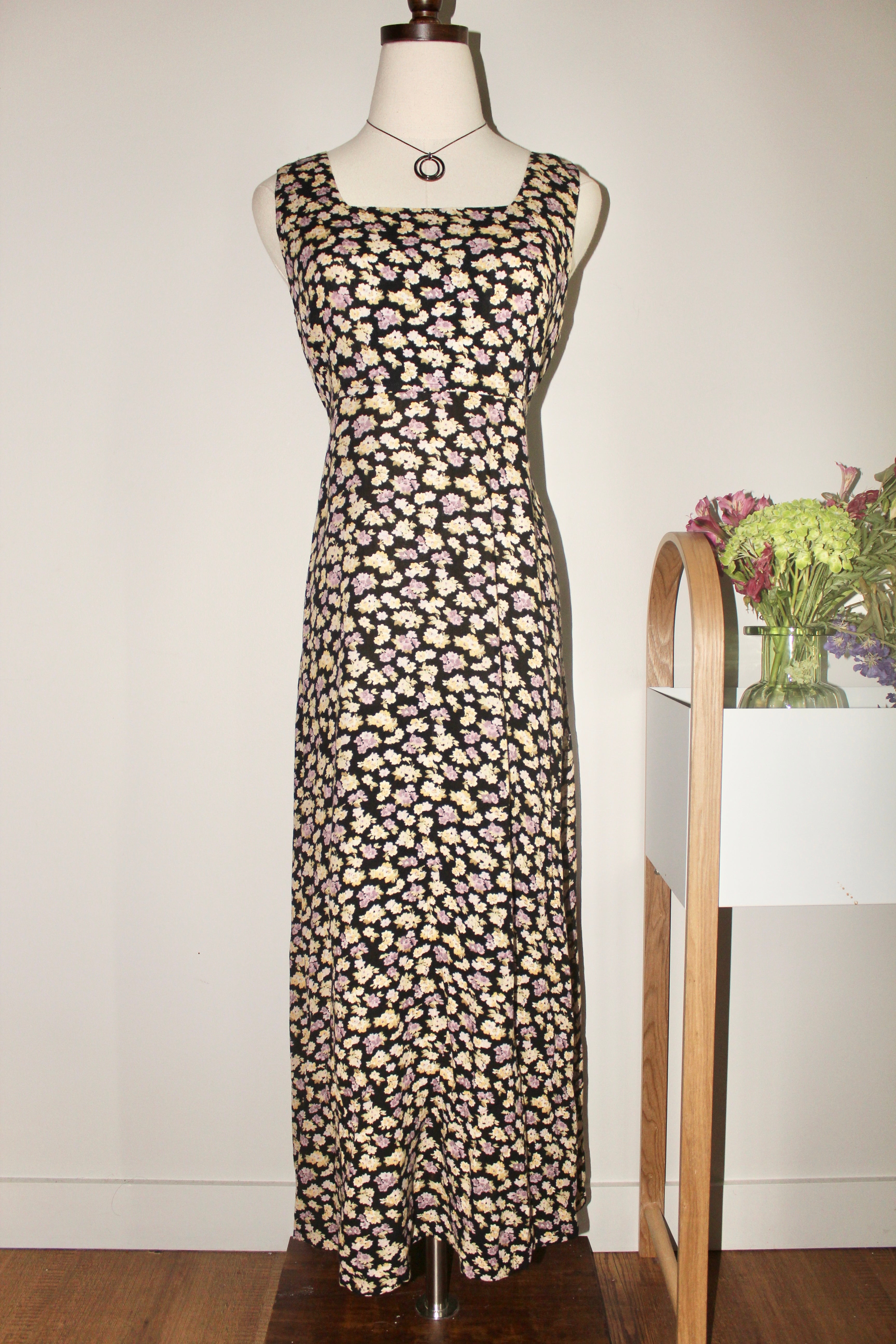 Vintage 90s Square Neck Floral Tie Back Midi Dress (M)