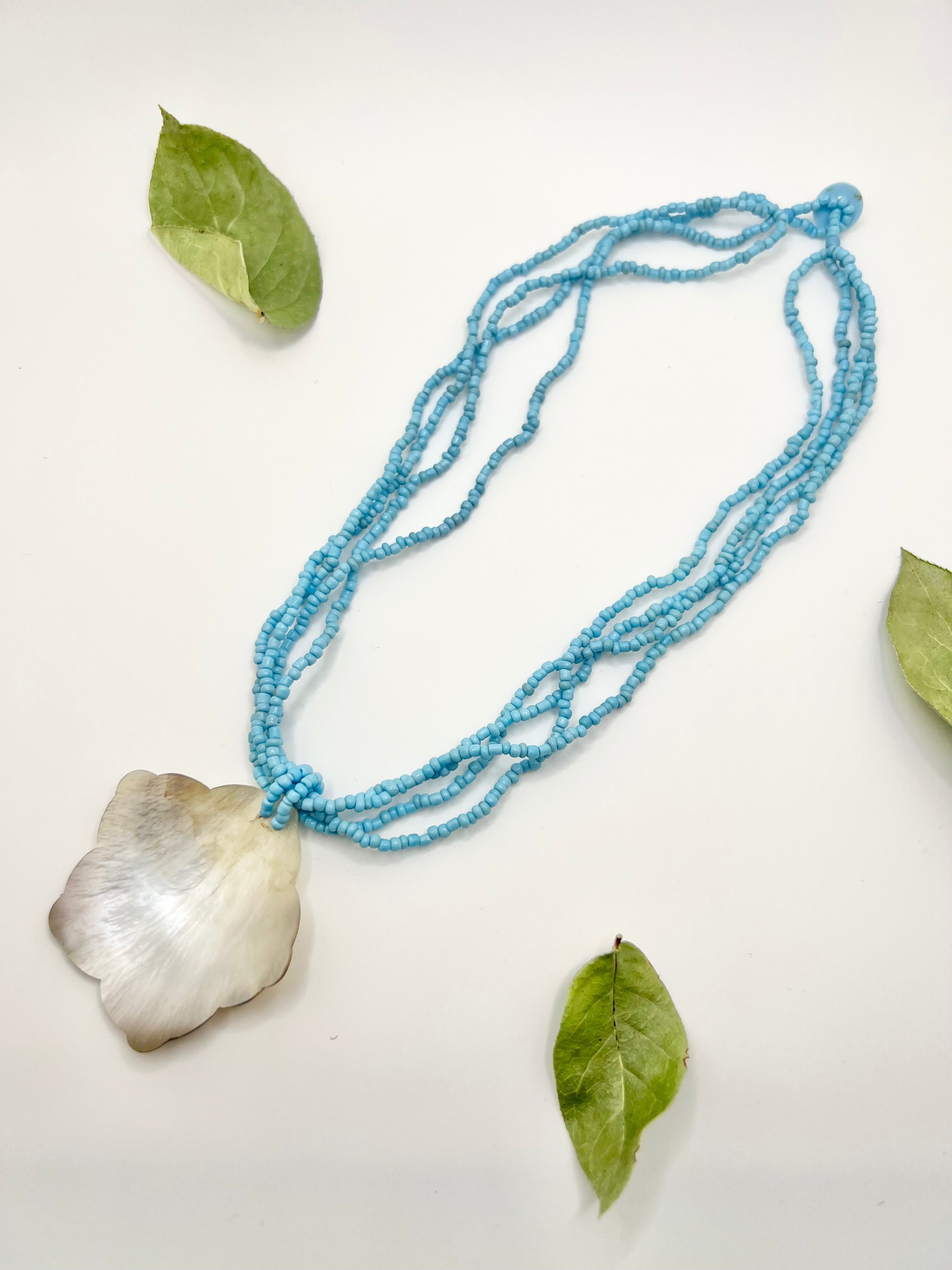 Floral Shell Blue Beaded Necklace
