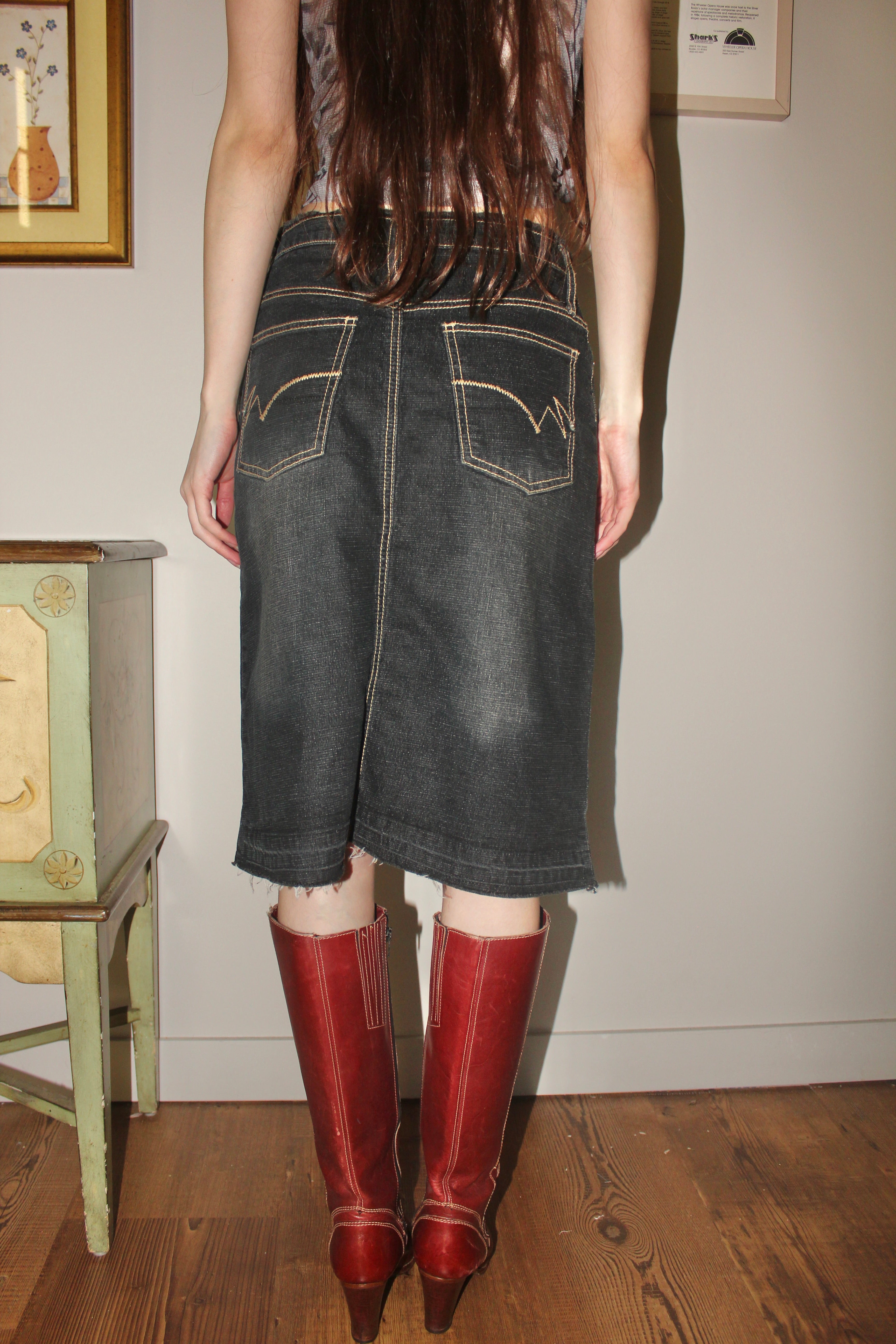 Vintage Y2K Exposed Seam Denim Midi Skirt (S)