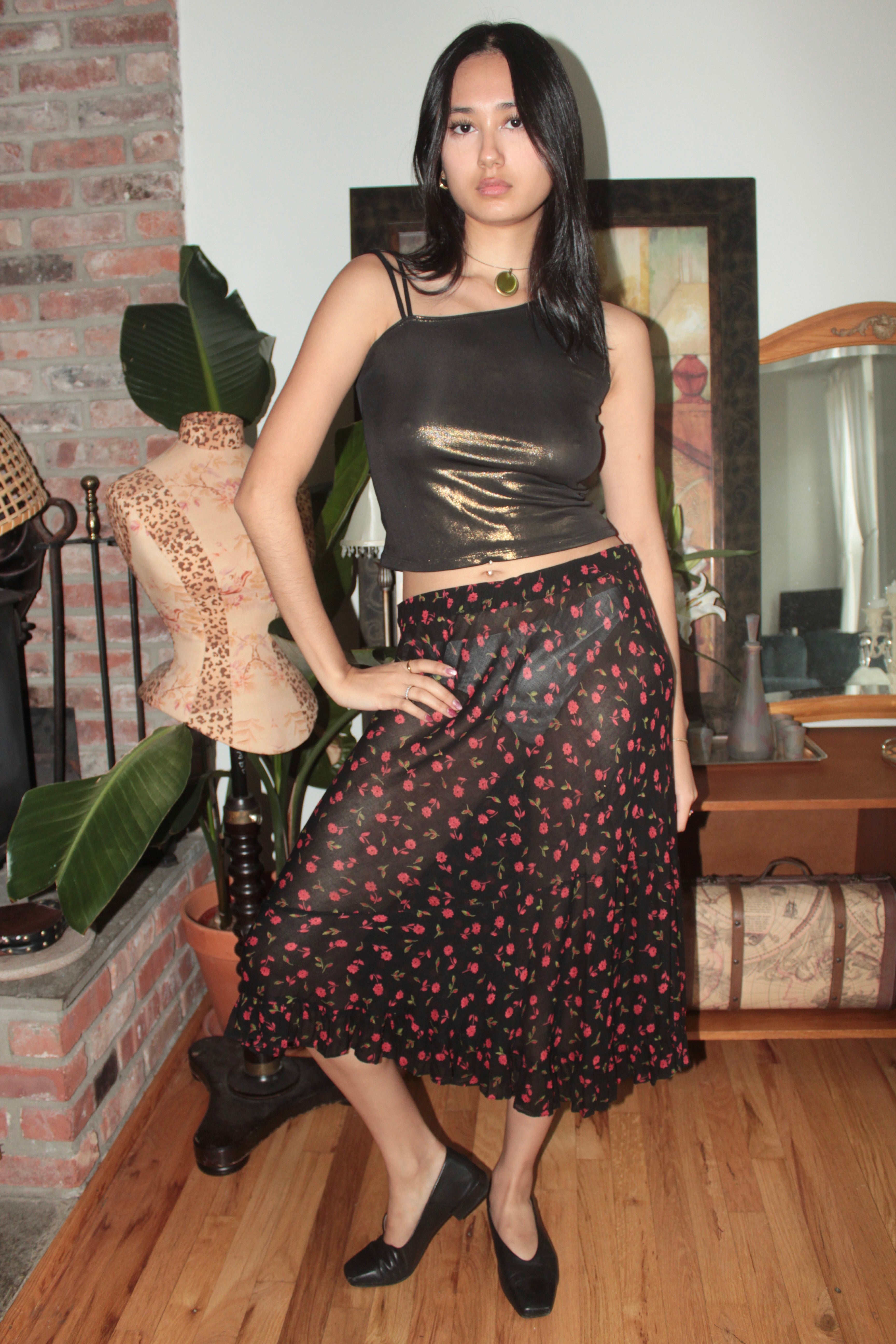 Vintage 90s Sheer Black Rose Midi Skirt (M)