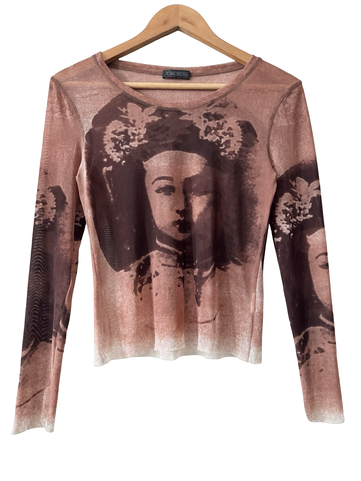 Vintage Y2K French Faded Portrait Mesh Top (M)