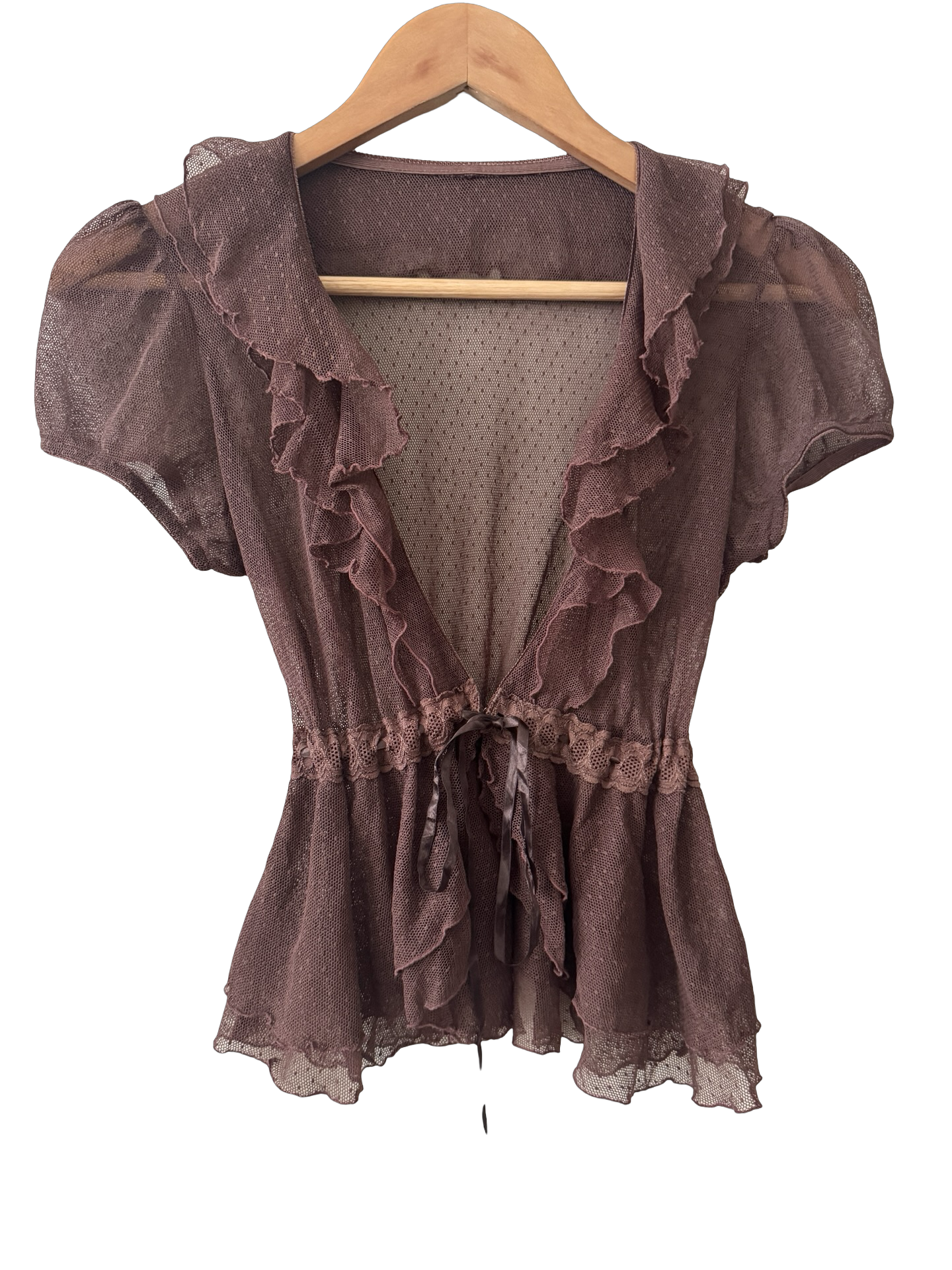 Vintage 90s Mocha Tulle Poet Ruffle Tie Blouse (XS/S)