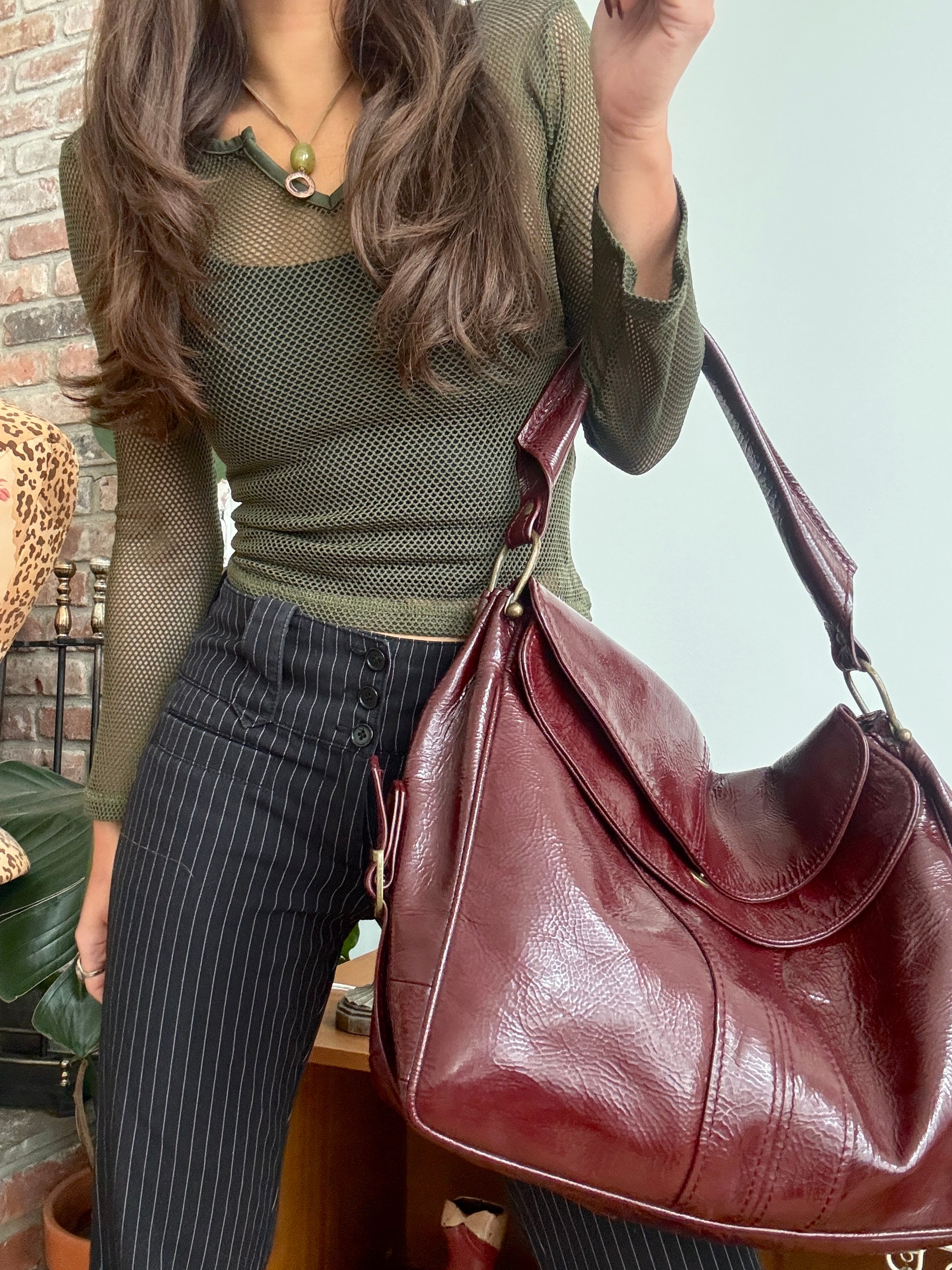 Vintage Bordeaux Glossy Slouch Shoulder Bag