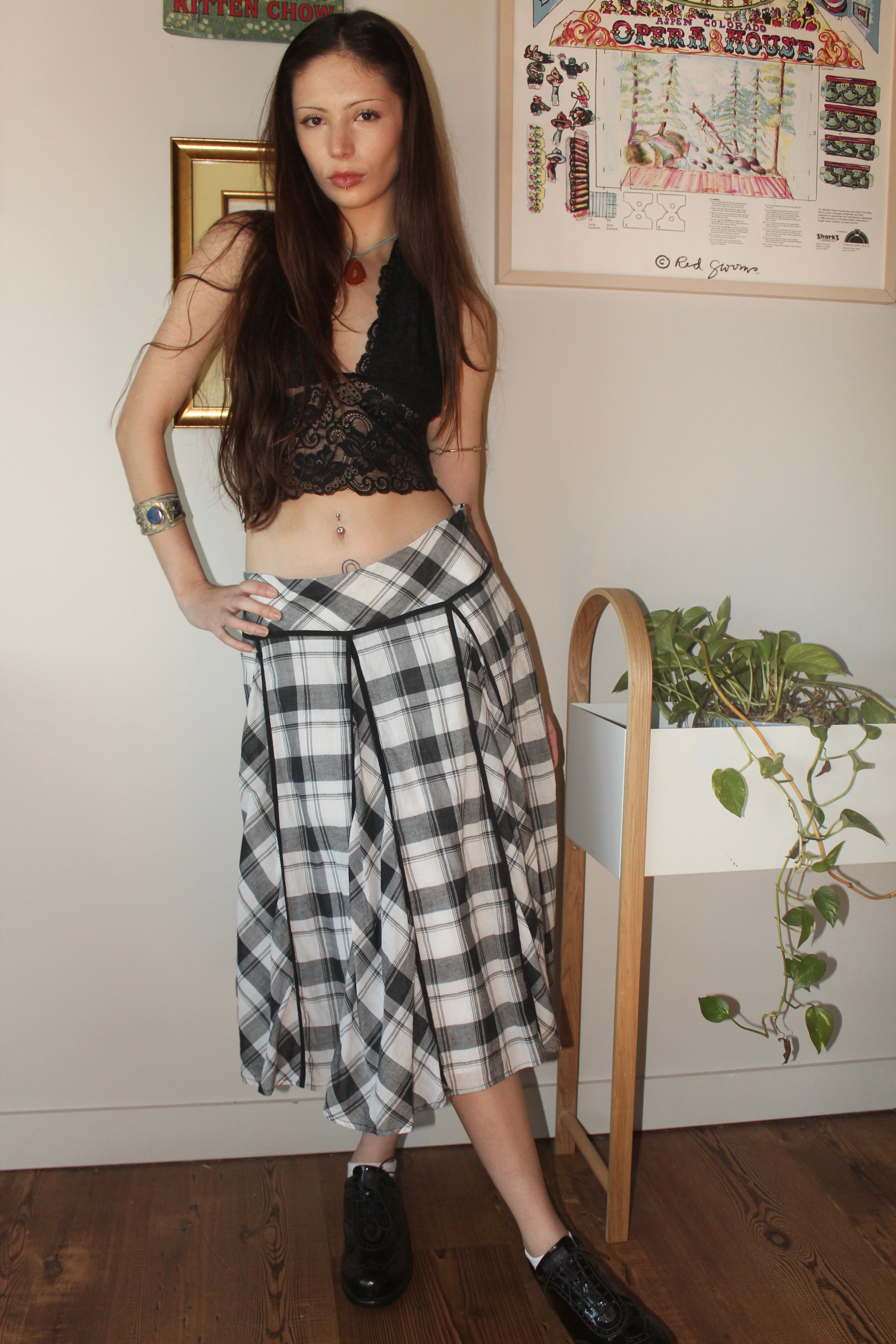 Vintage Y2K Mixed Plaid Midi Skirt (M)