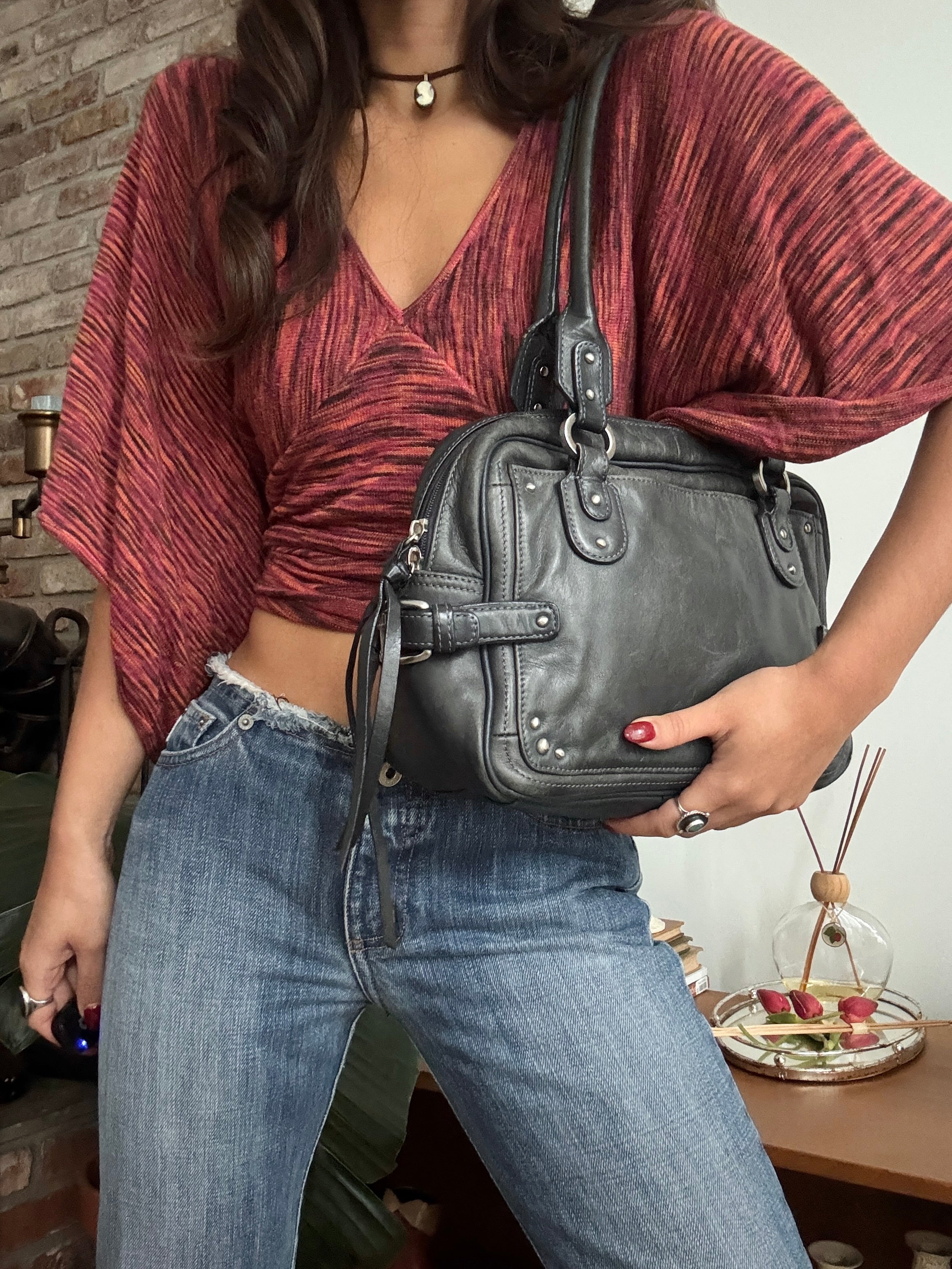Vintage Y2K Downtown Studded Leather Bowler Bag