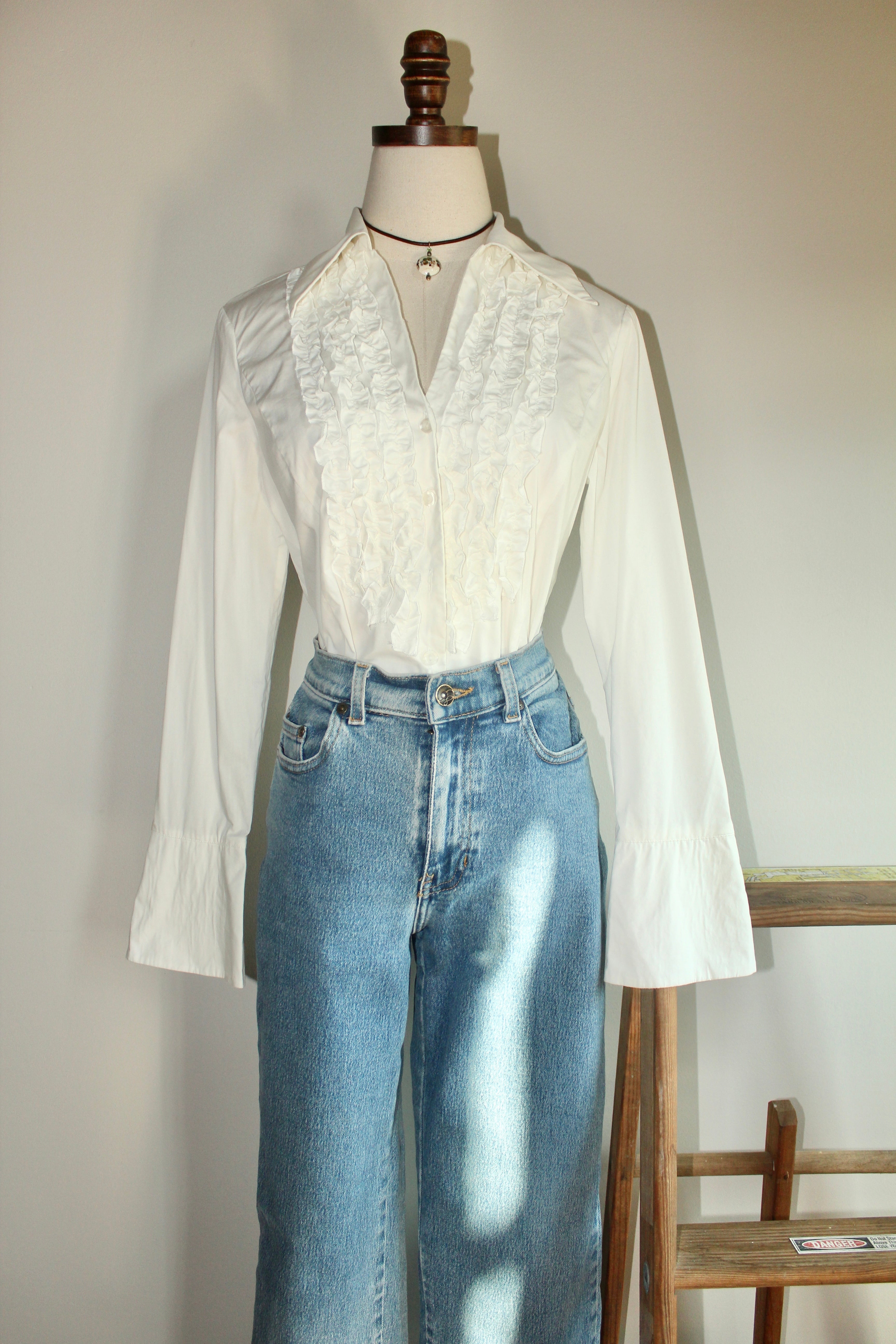 Vintage 90s Ruffled Ivory Button Up (S-M)