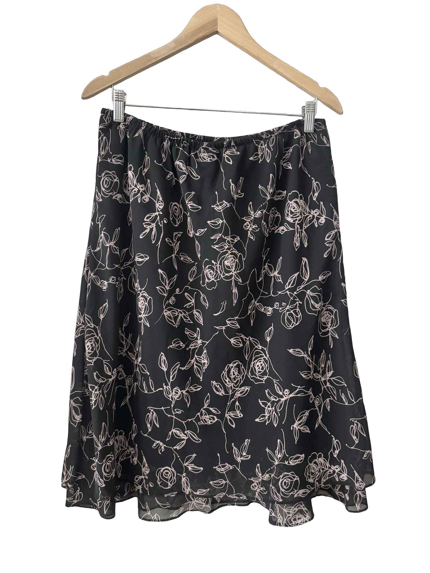 Vintage Black Rose Sketch Print Midi Skirt (L)