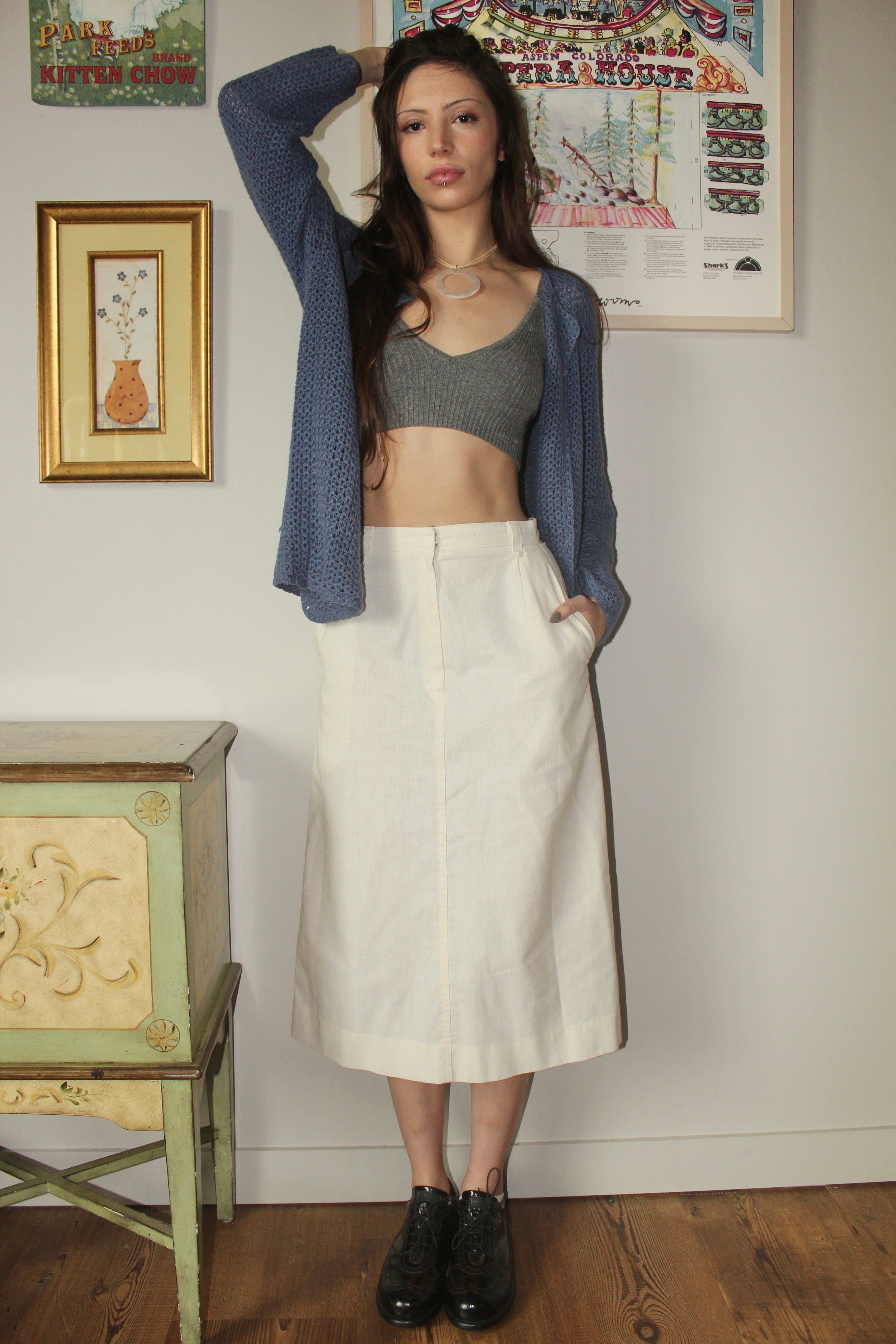 Vintage 80s Ivory Utilitarian Midi Skirt (S)