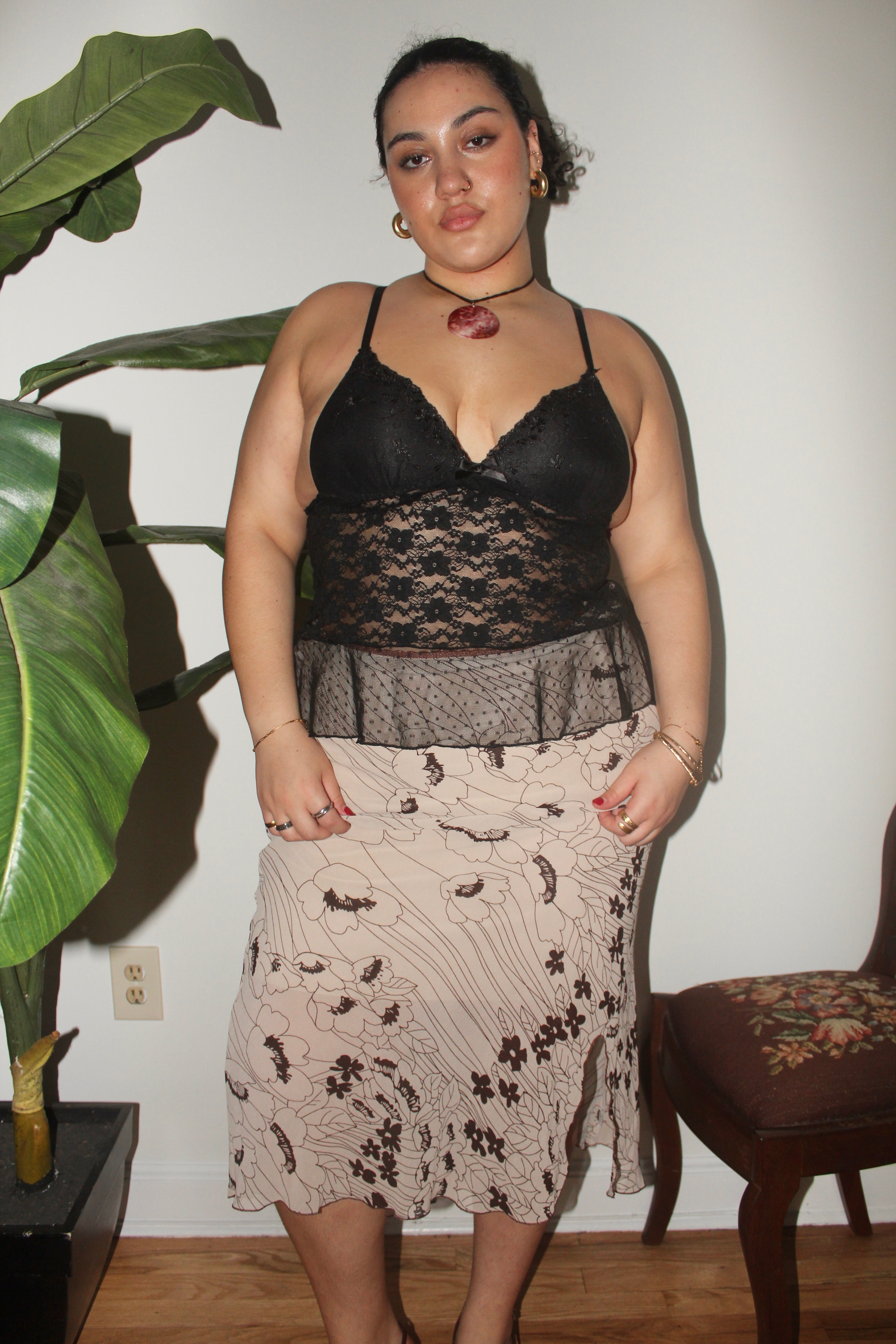 Vintage 90s Floral Taupe Midi Skirt (XL)