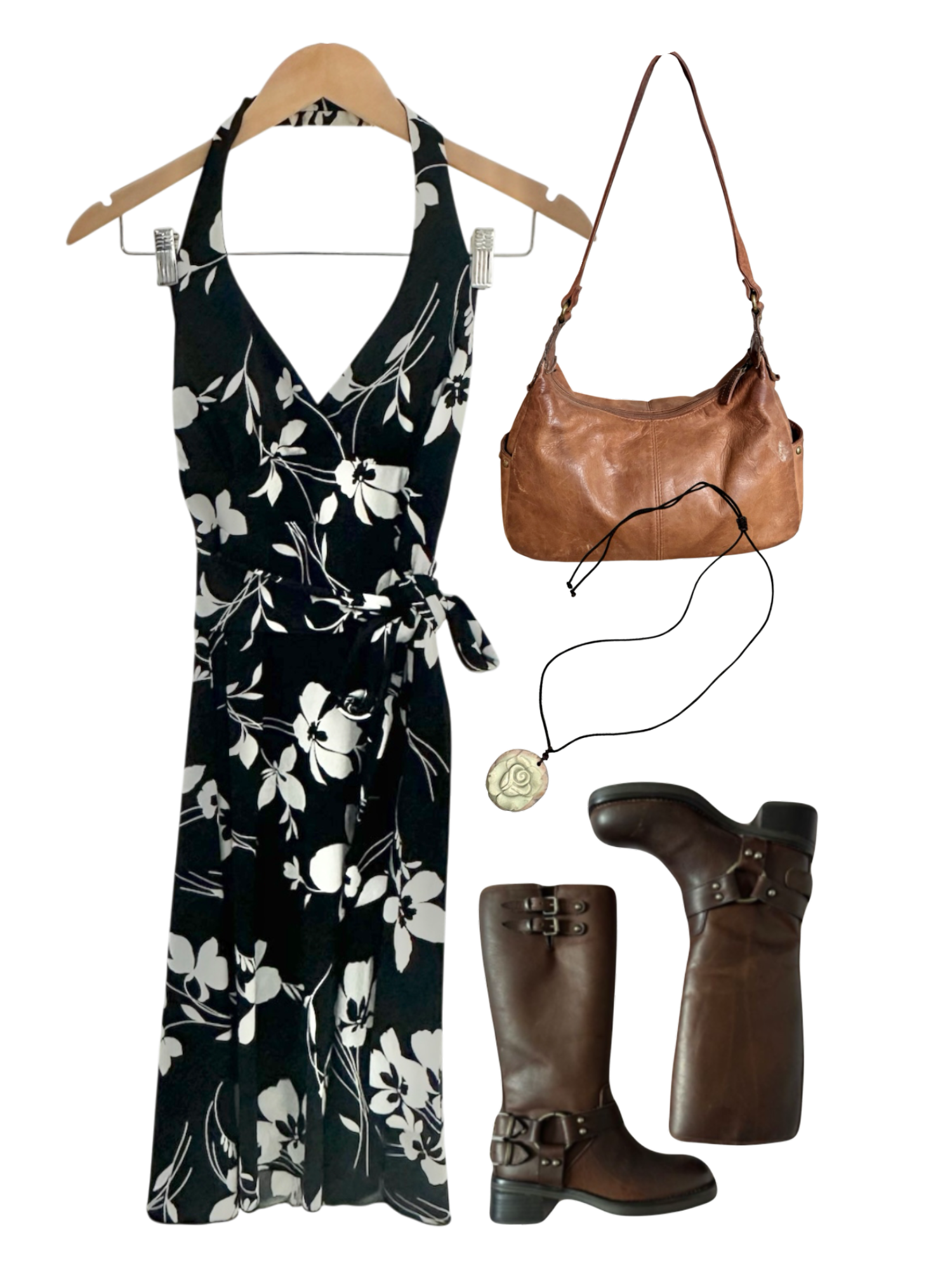 Vintage 90s Black & Ivory Floral Wrap Halter Dress (S)