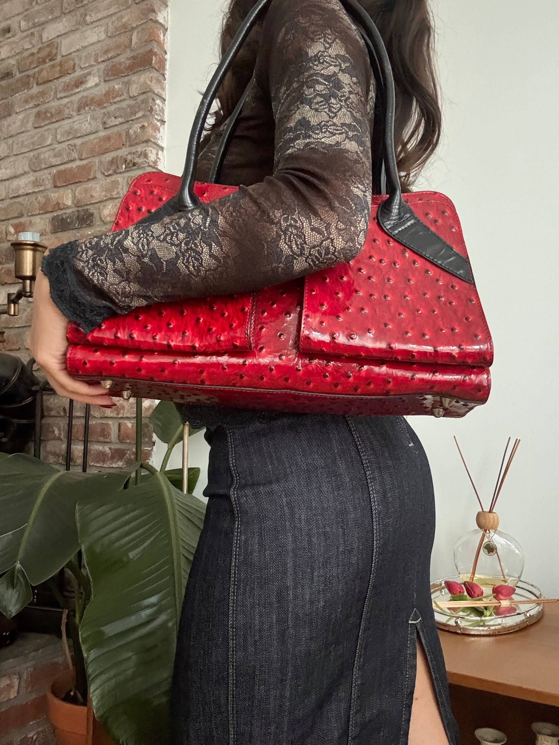 Vintage 90s Cherry Patent Ostrich Bag