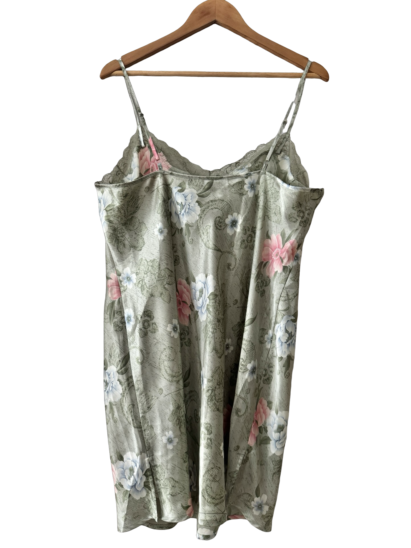 Vintage 90s Sage Floral Lace-Trim Slip (XL)