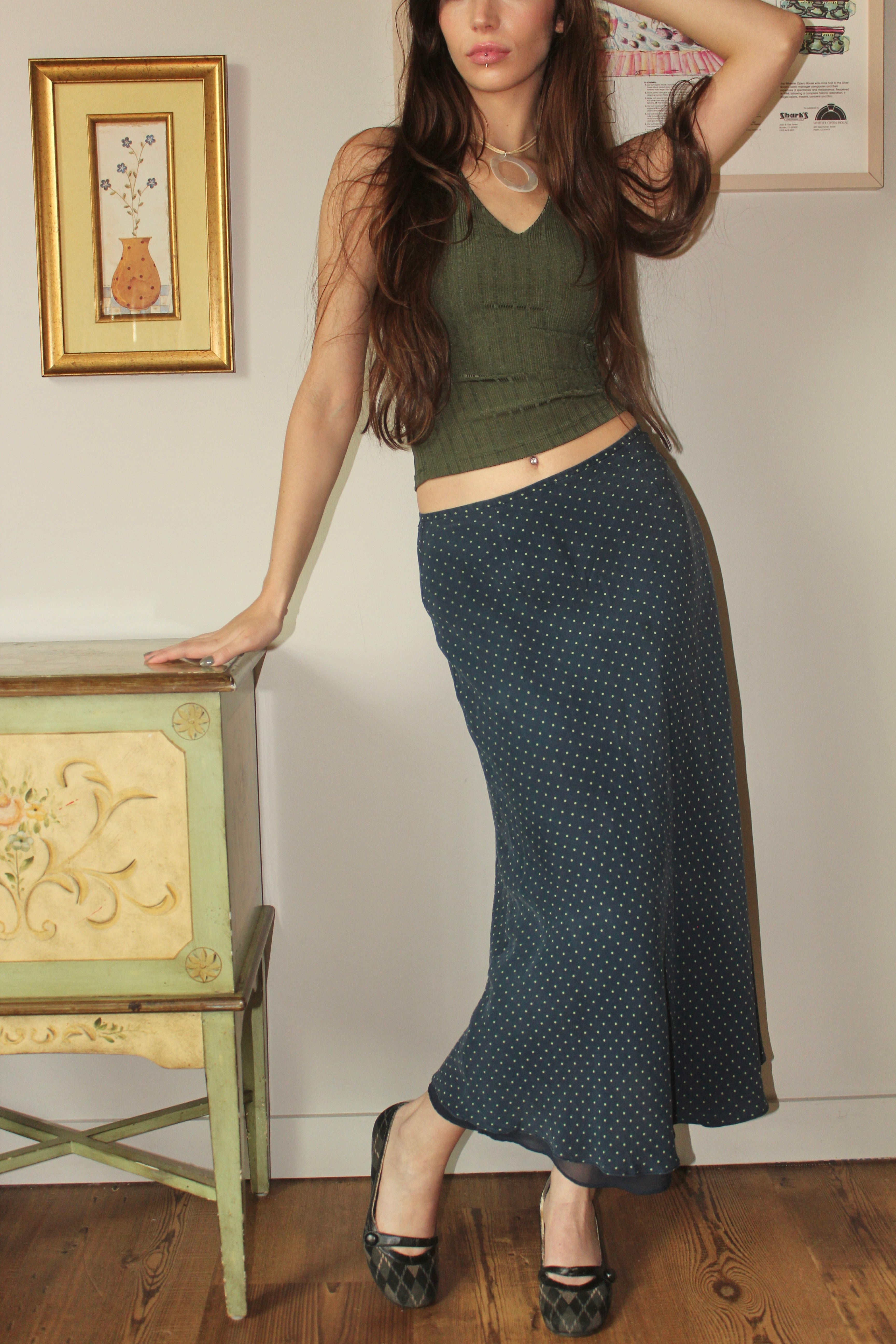 Vintage 90s Silk Dotted MIdi Skirt (S)