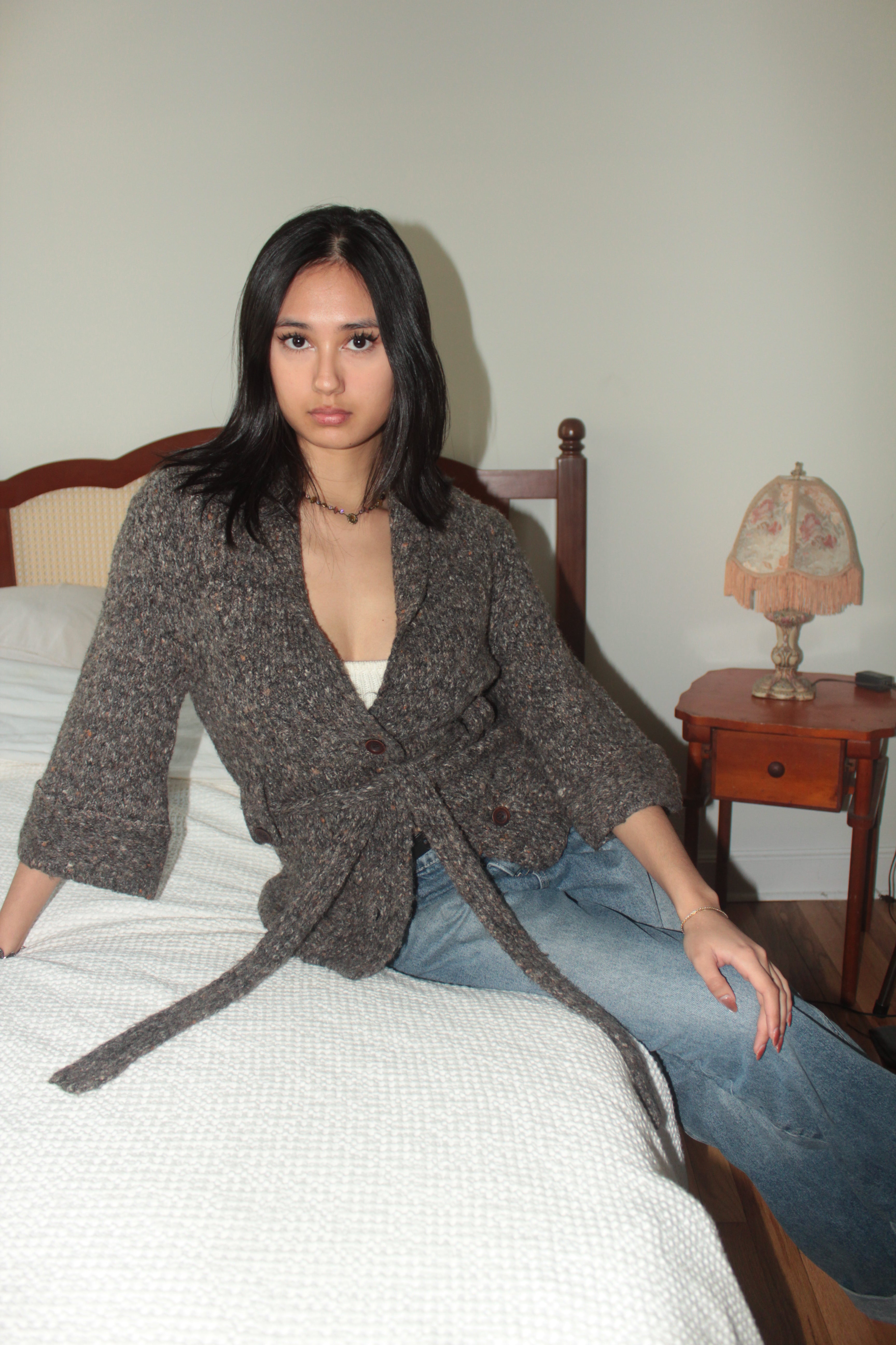 Vintage 90s Heathered Cocoa Belted Knit Cardigan (S/M)