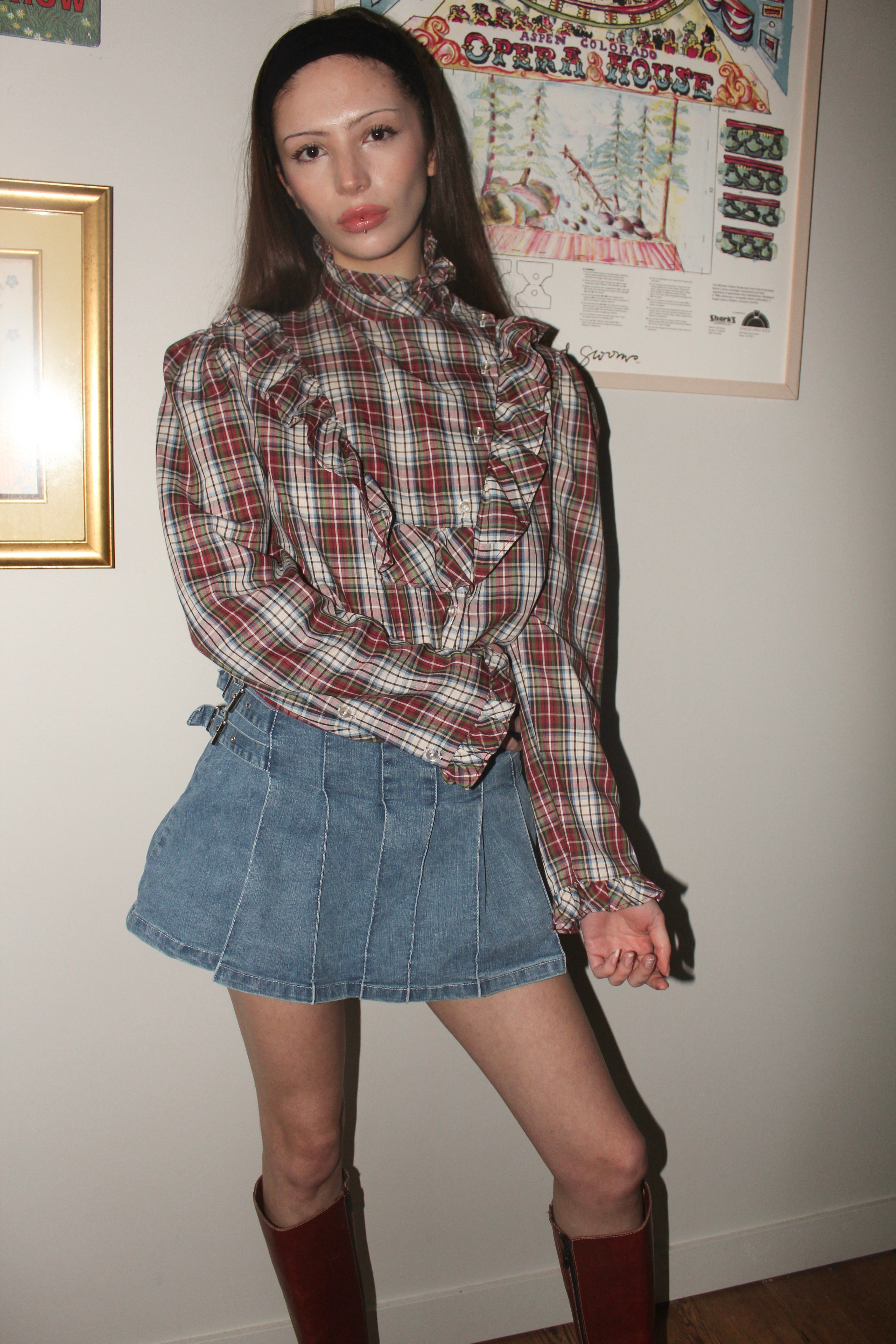 Vintage 80s Ruffled Plaid Button Up (S/M)