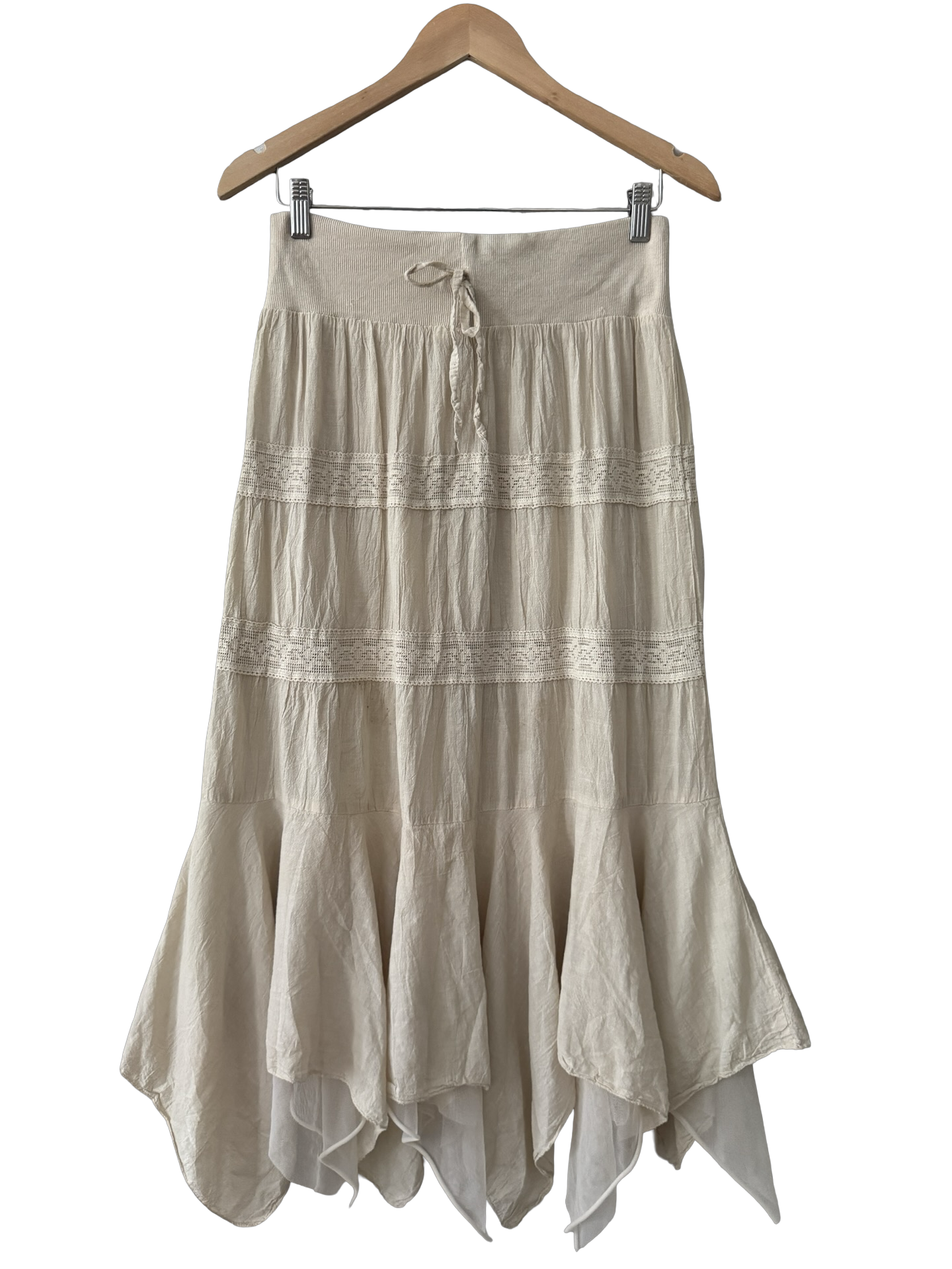 Vintage Y2K Ivory Tie-Waist Cotton Midi Skirt (S/M)