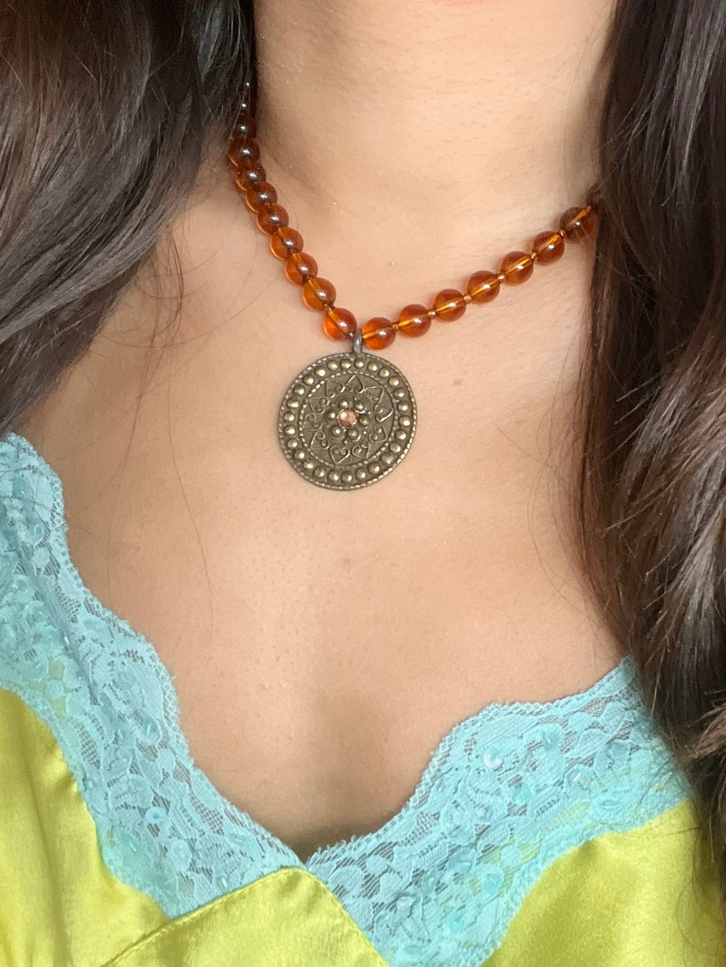 Tangerine Beaded Pendant Necklace