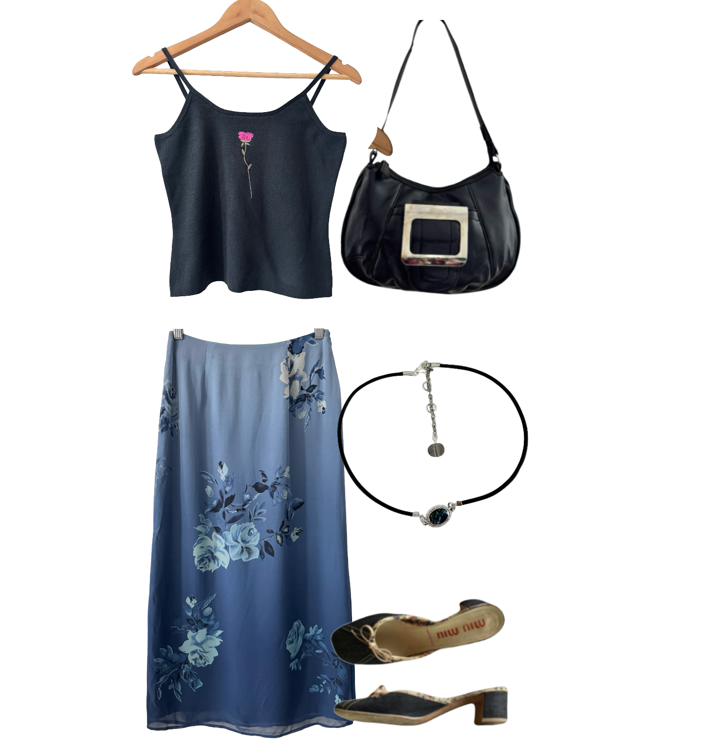 Vintage 90s Blue Silk Rose Slip Midi Skirt (S)