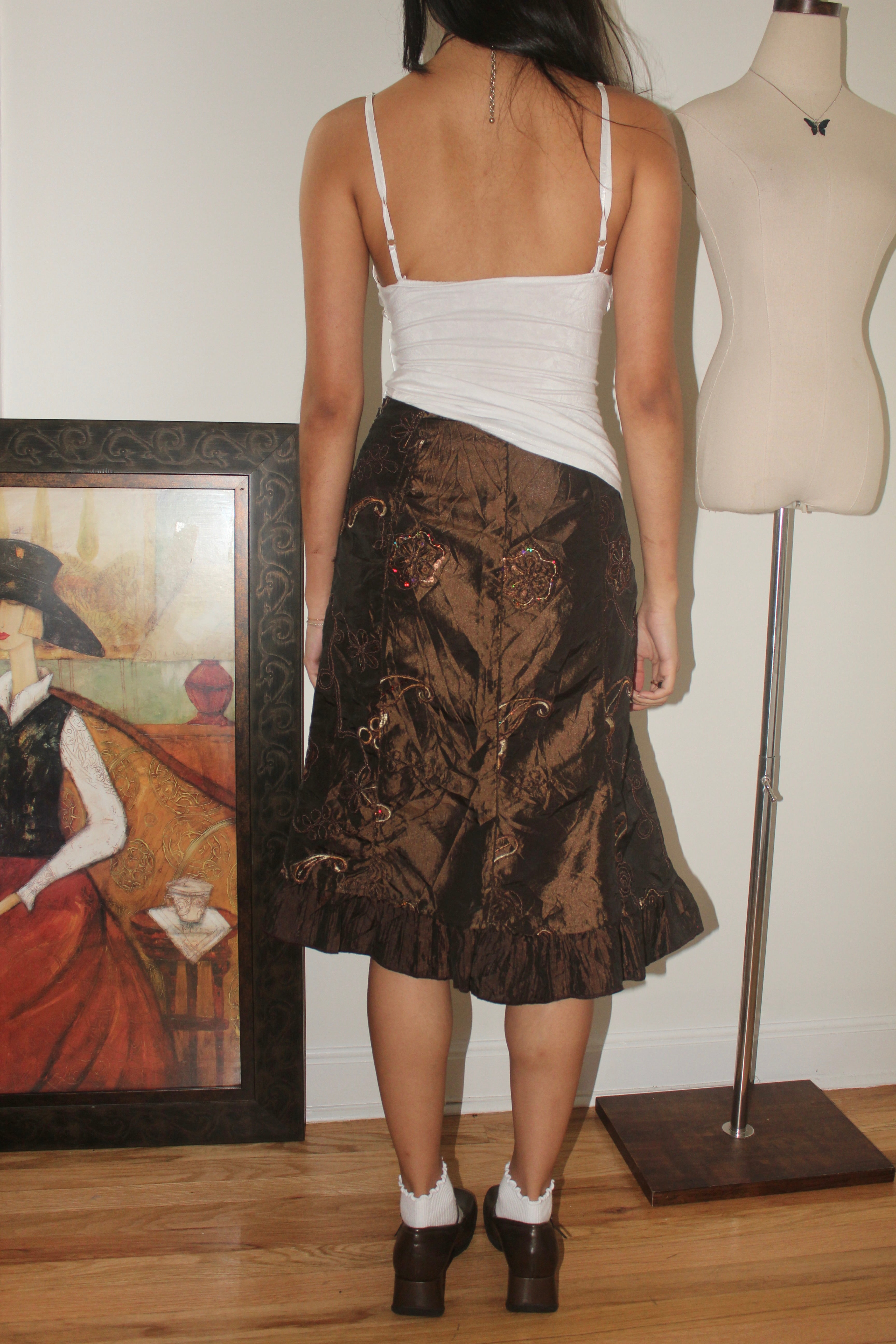 Vintage 90s Textured Beaded Ruffled Midi Skirt (S)