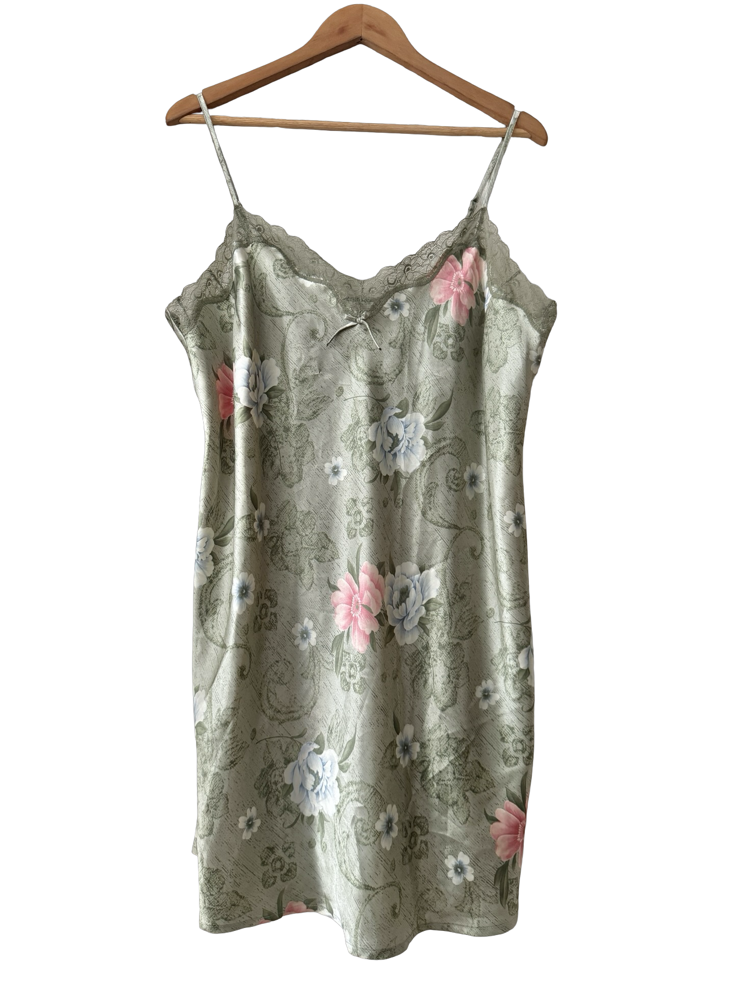 Vintage 90s Sage Floral Lace-Trim Slip (XL)