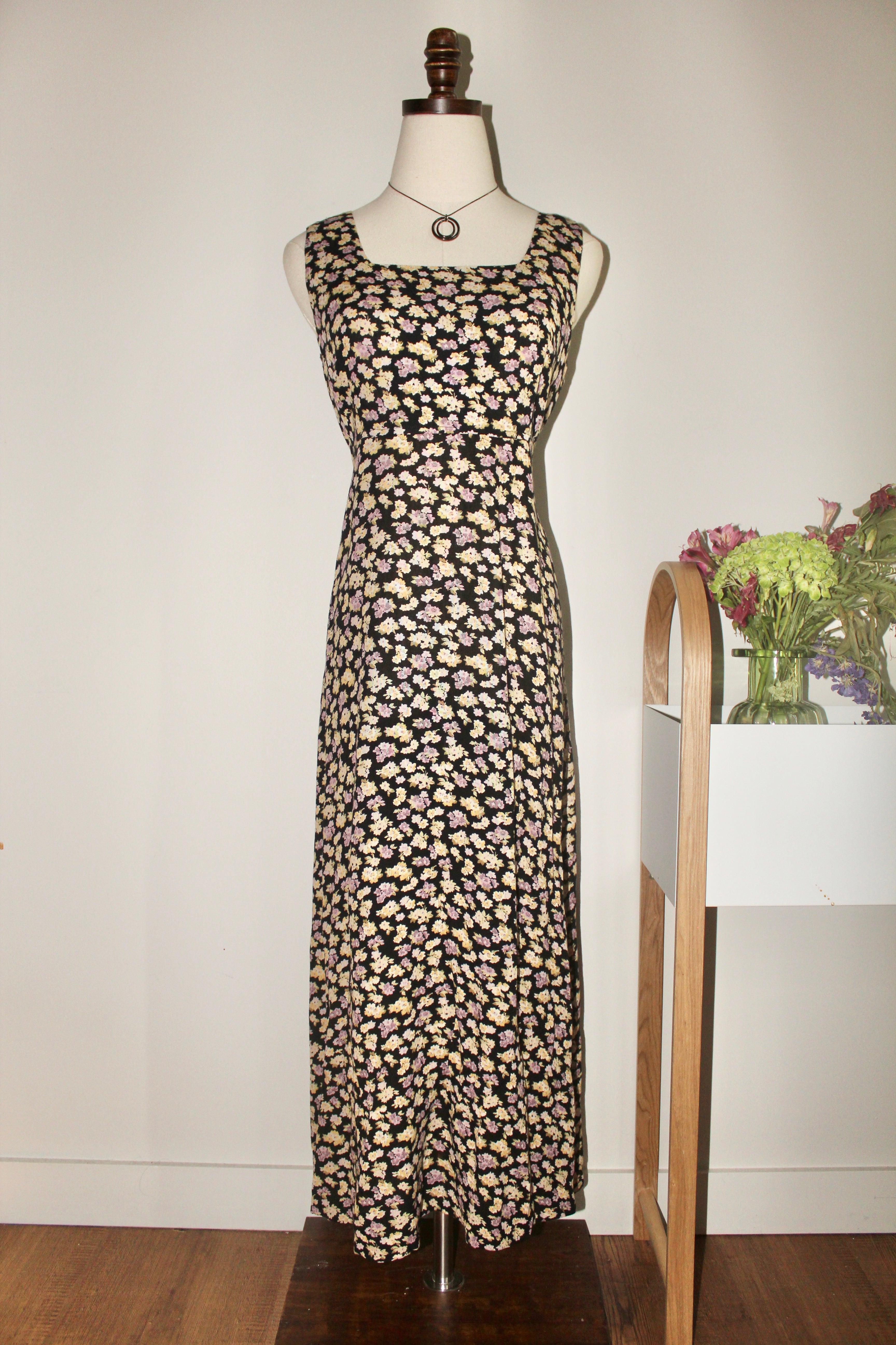 Vintage 90s Square Neck Floral Tie Back Midi Dress (M)