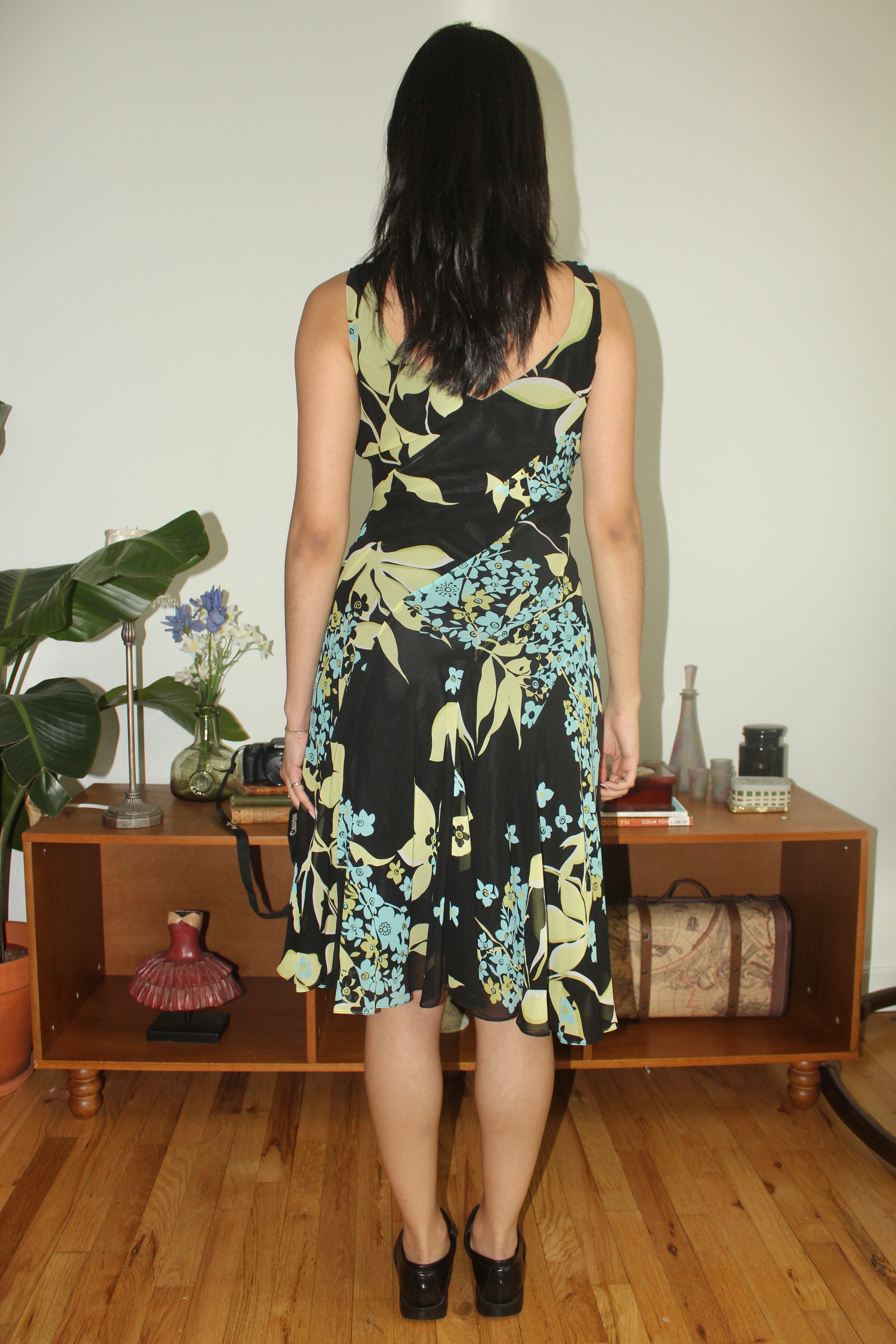 Vintage 90s Night Garden Floral Silk Midi Dress (S/M)