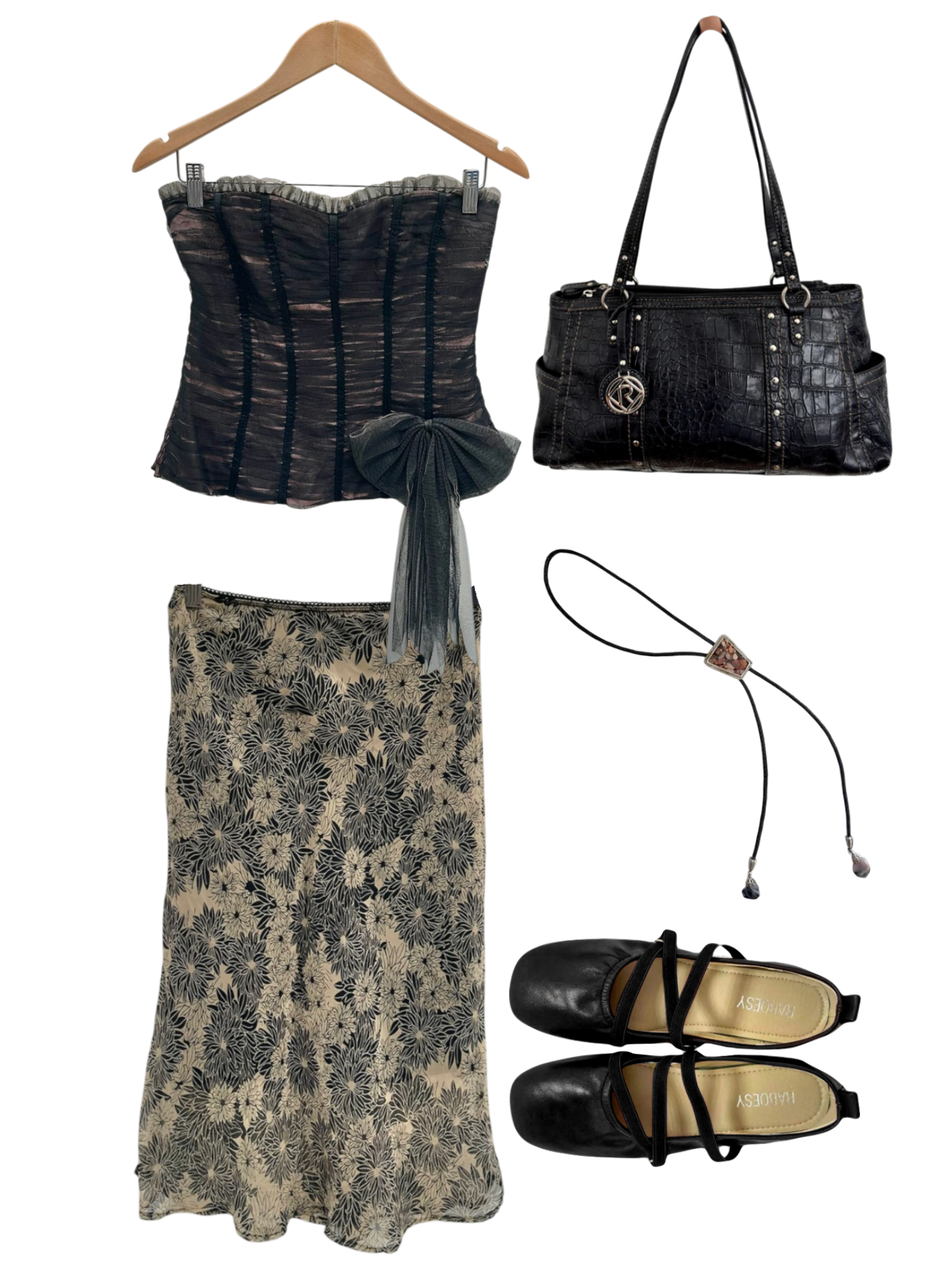 Vintage 2000s Black Mesh Corset Top with Bow  (M)