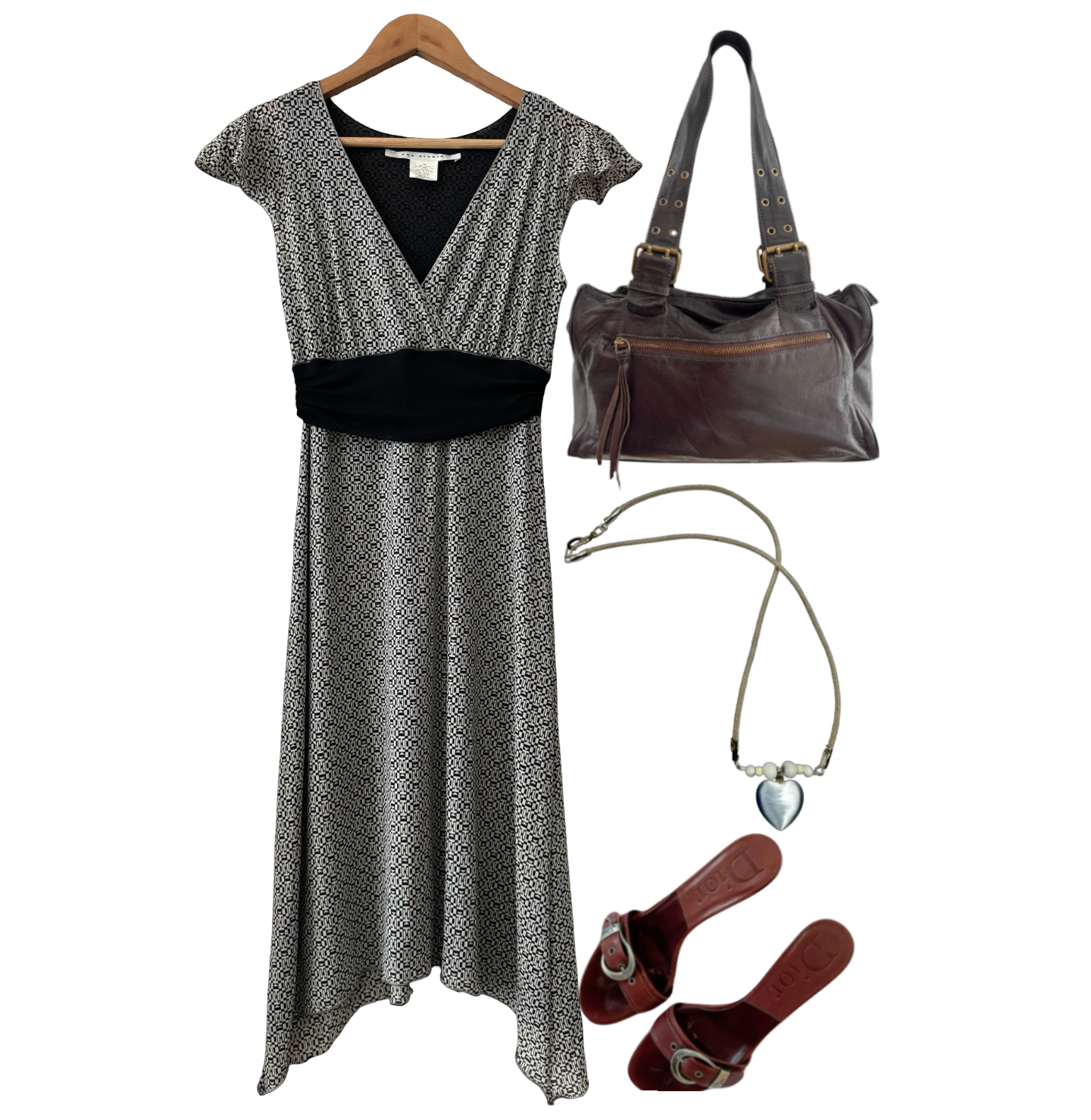 Vintage Y2K Black & Ivory Geometric Wrap Midi Dress (S/M)