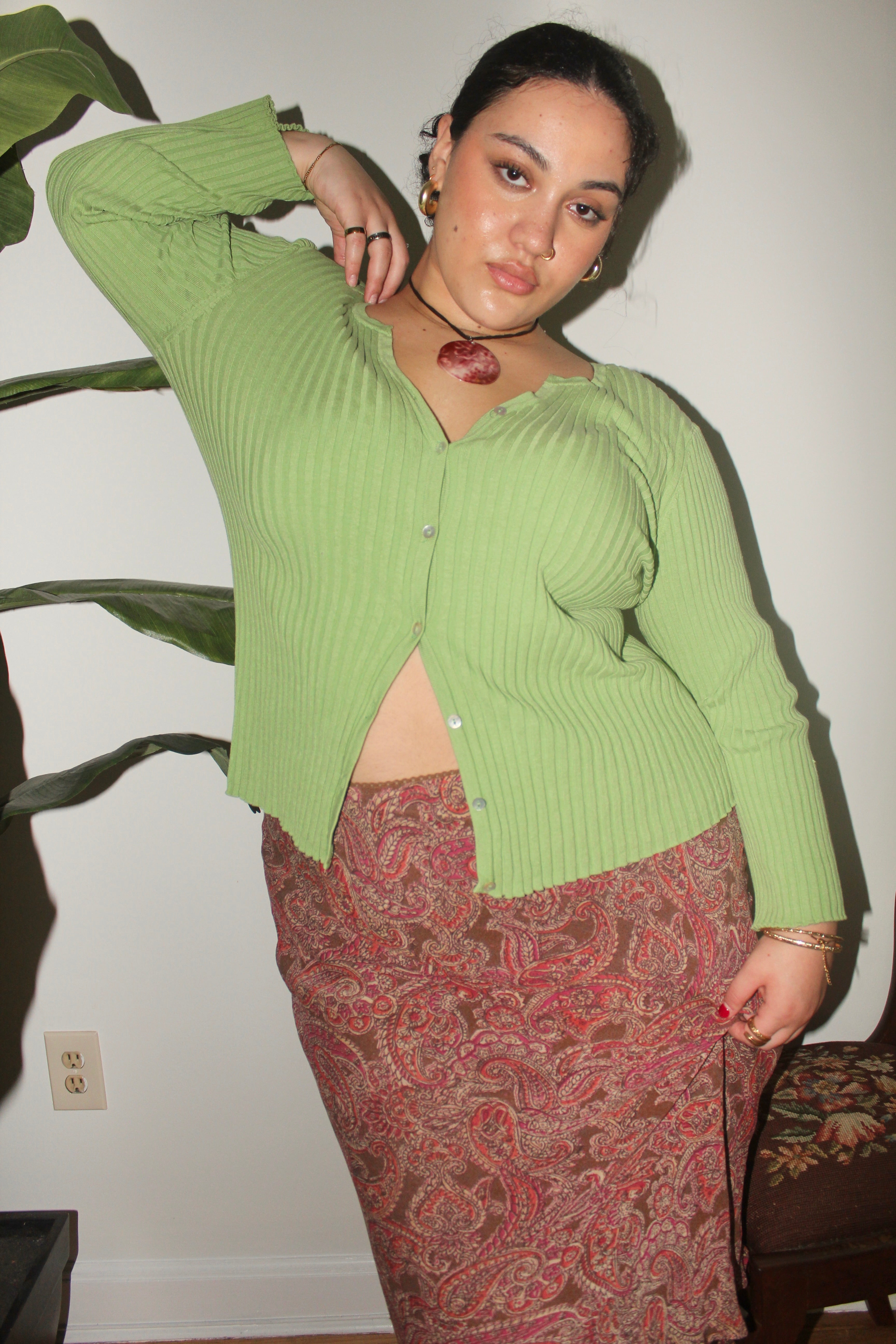 Vintage 90s Ribbed Green Apple Cardigan (L)