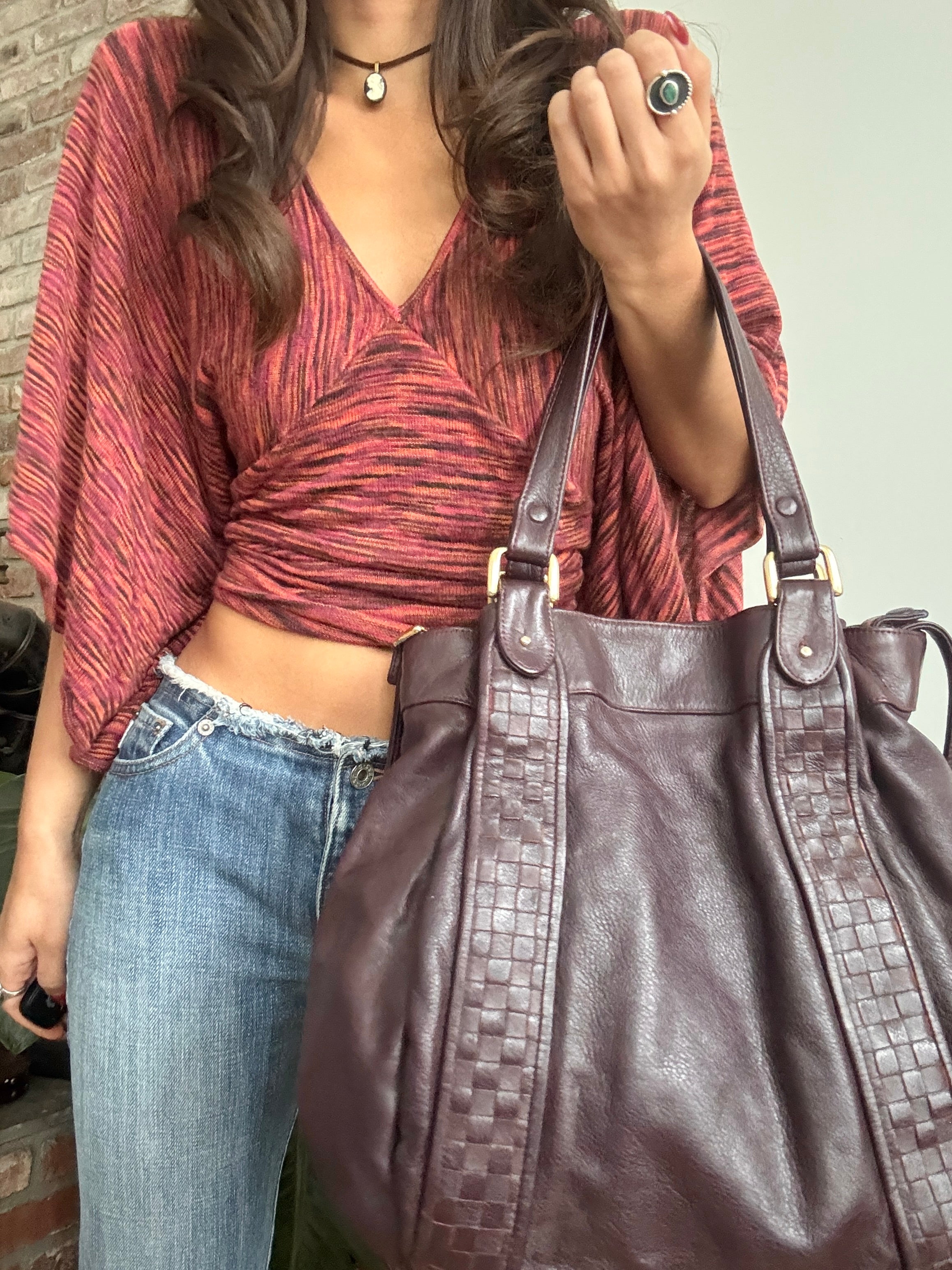 Vintage Y2K Plum Woven Leather Carryall