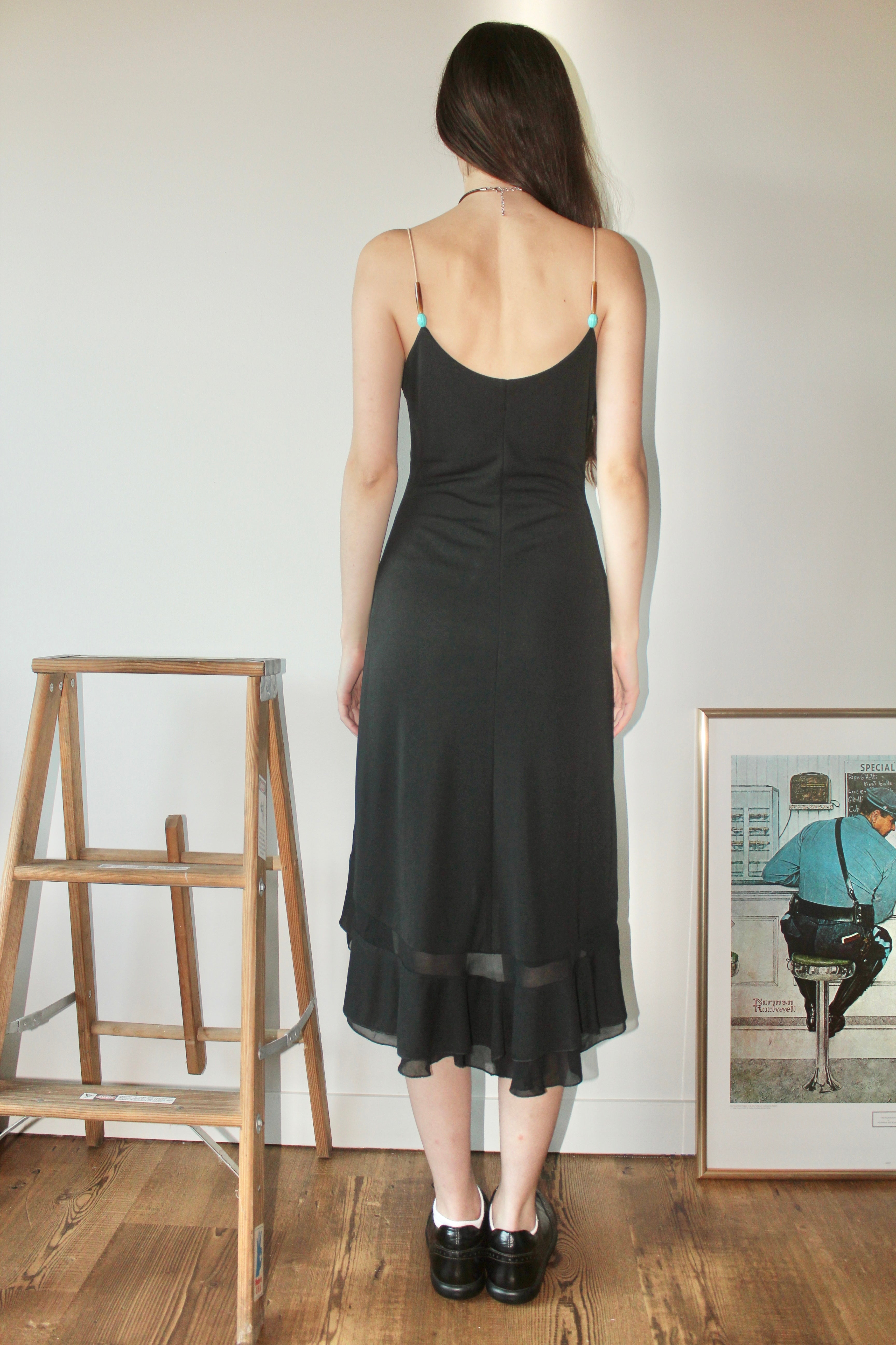 Vintage Beaded Strap Frilled Hem Midi Dress (S)