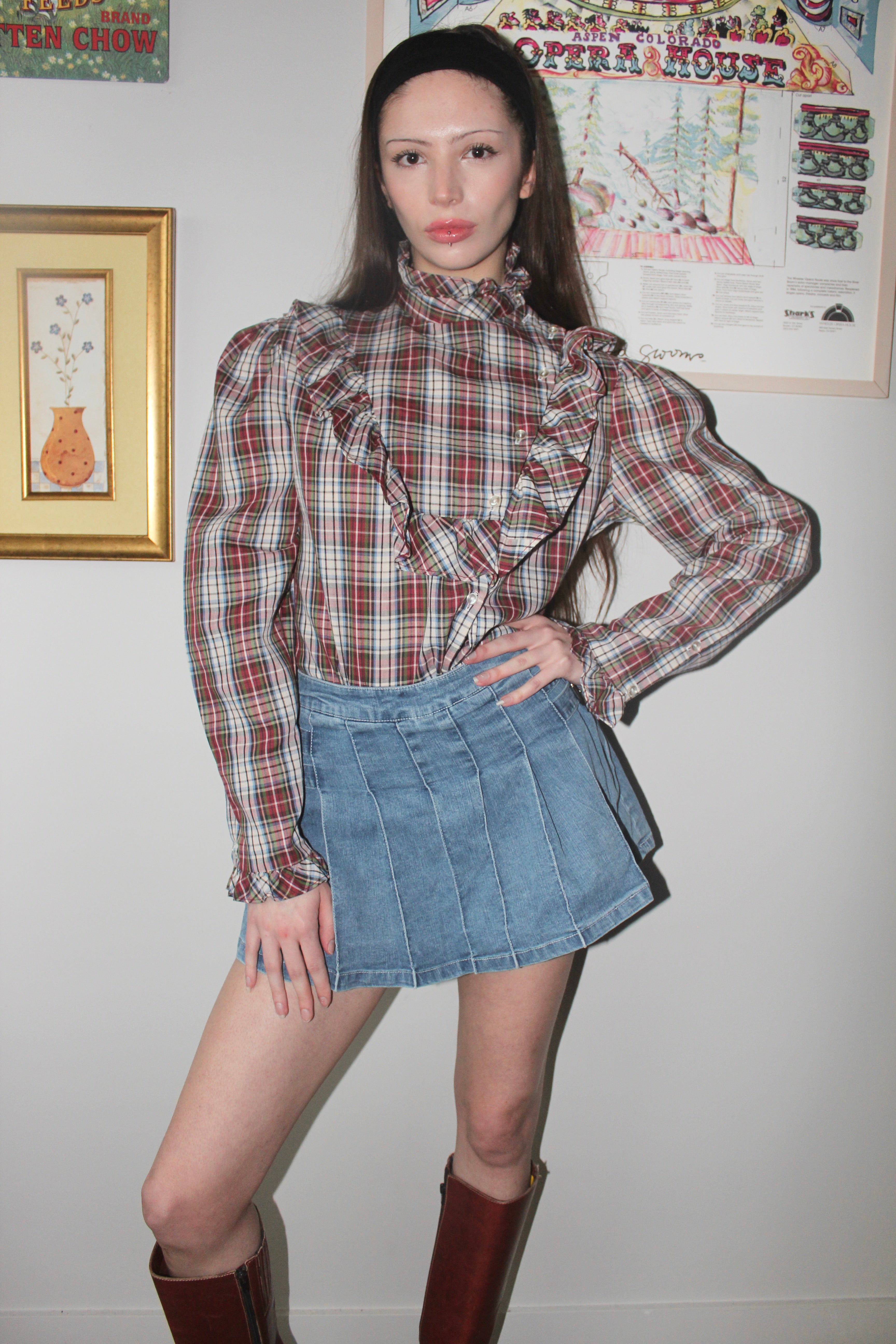 Vintage 80s Ruffled Plaid Button Up (S/M)